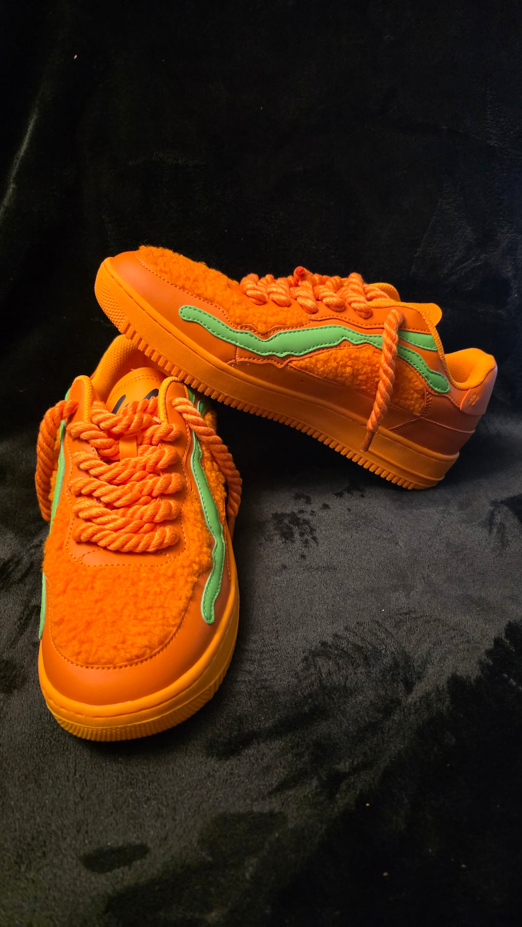 Unchained Bears Orange sneakers with green accent and rope laces