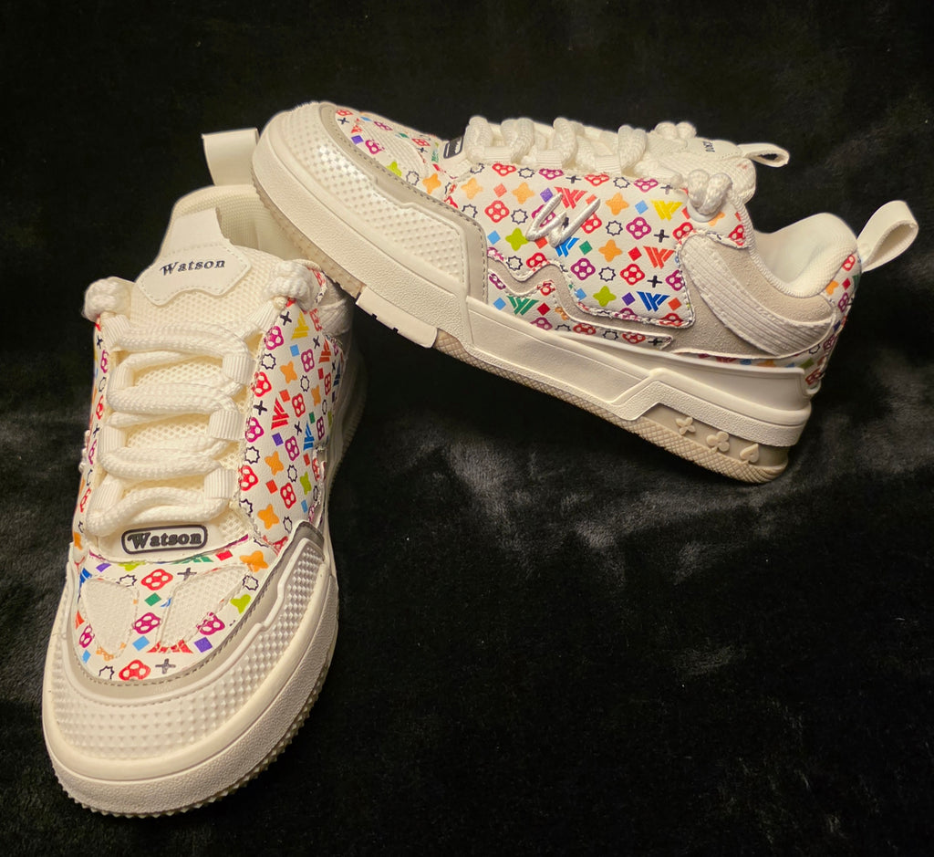 Watson White Monogram K-Flip sneakers pair on dark background
