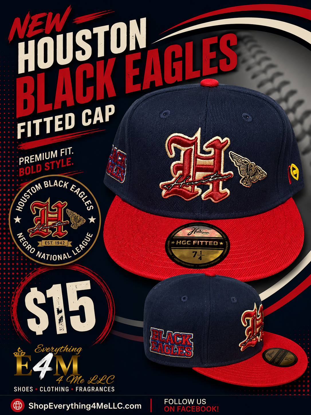 Houston Black Eagles Negro National League Fitted Hat – Navy & Red