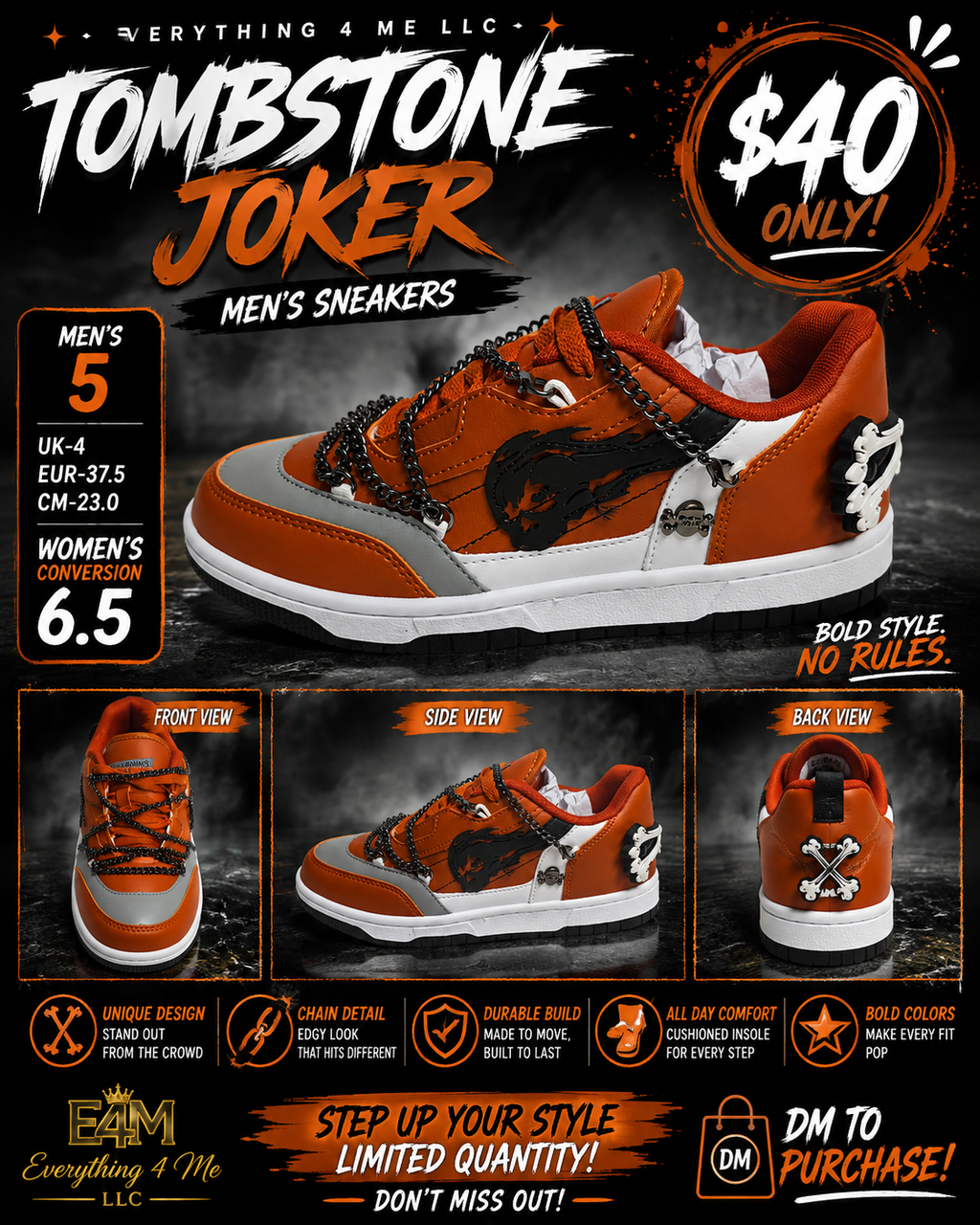 Tombstone Joker Men's Sneakers - orange edgy chain detail promotional flyer