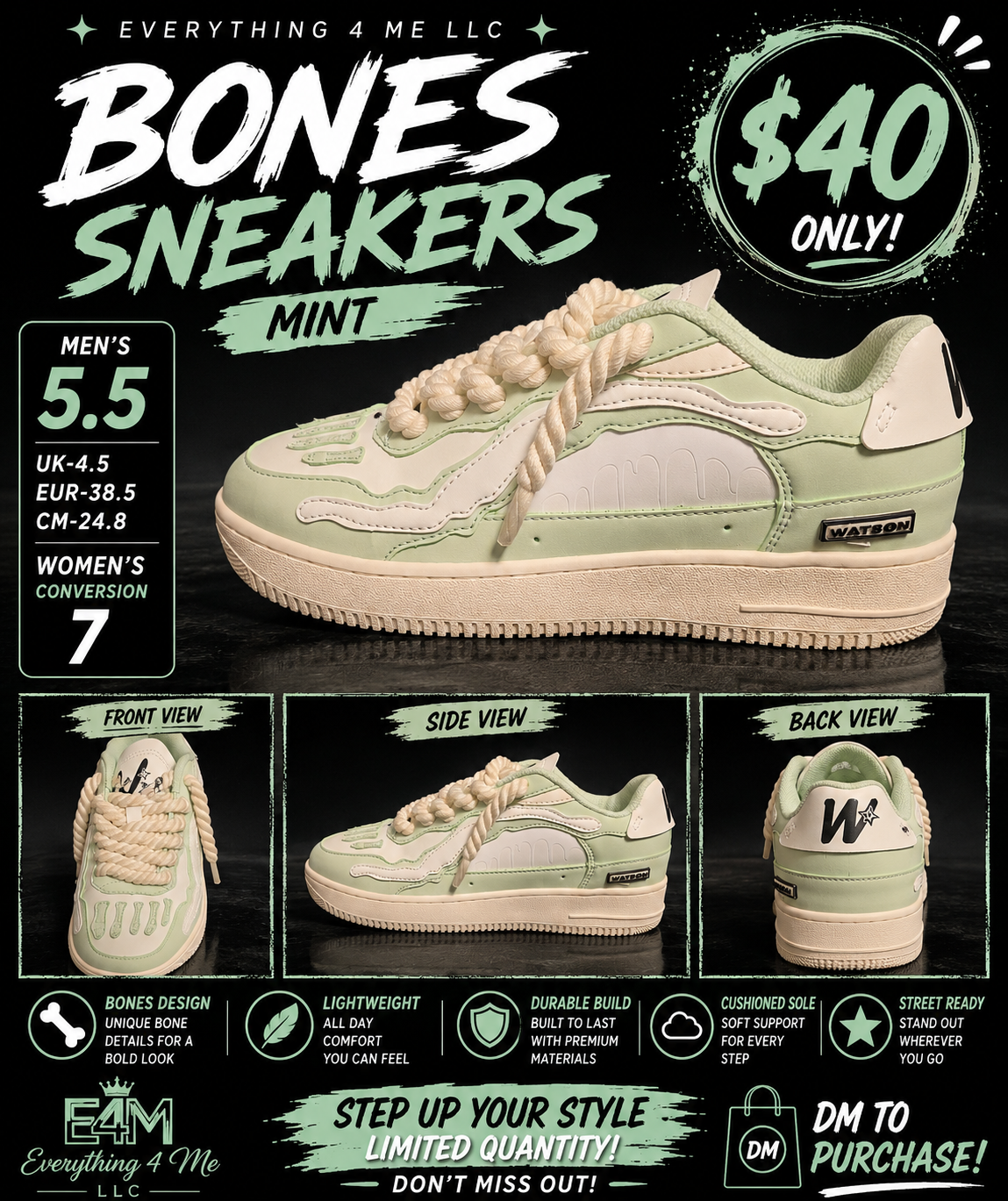 Watson Bones Mint Men's Sneakers - mint green with rope laces promotional flyer