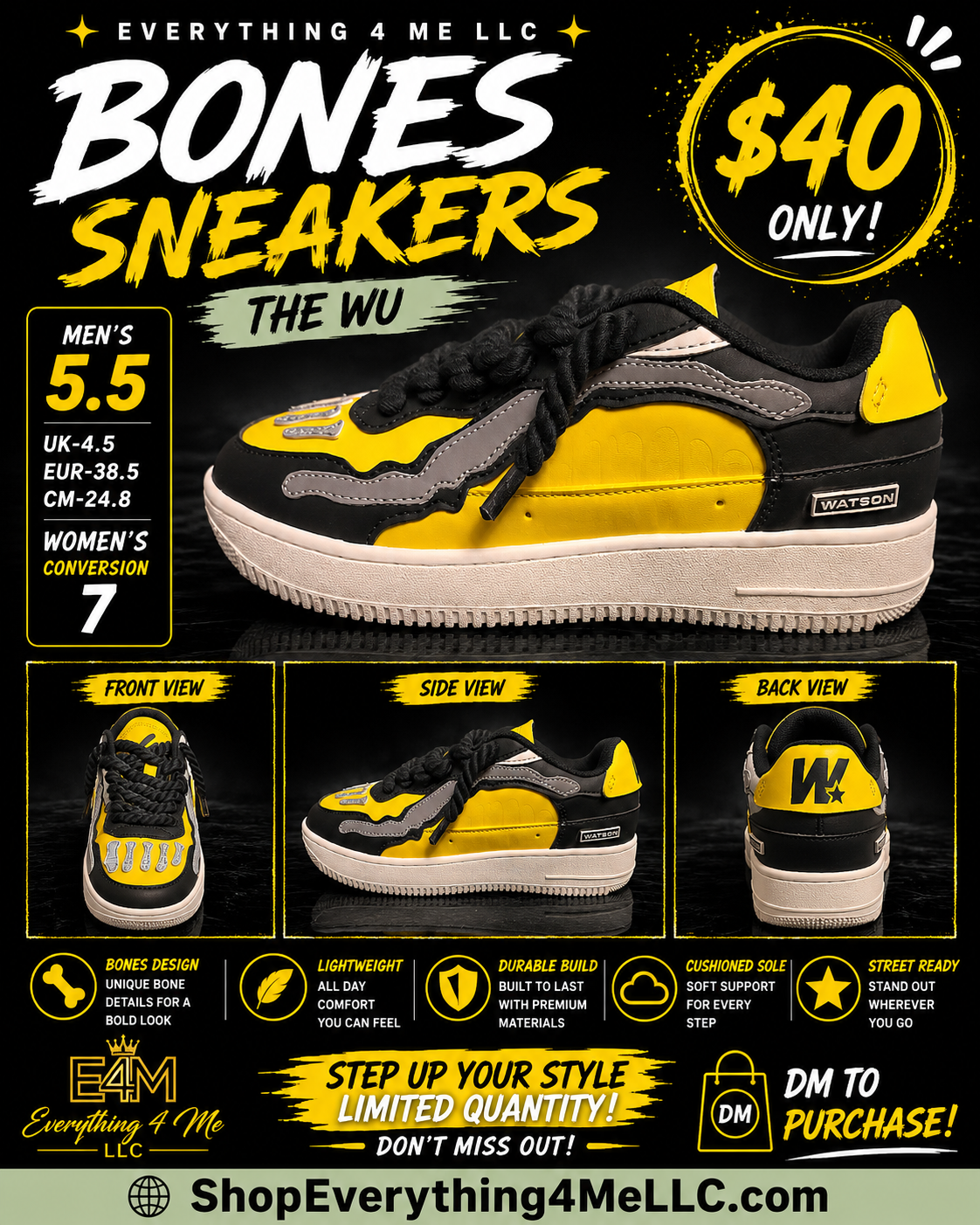 Watson Bones The Wu Men's Sneakers - black and yellow bones design promotional flyer