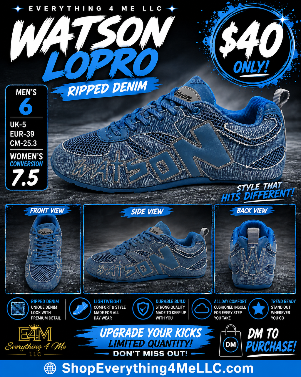 Watson LoPro Ripped Denim Men's Sneakers - blue denim texture promotional flyer