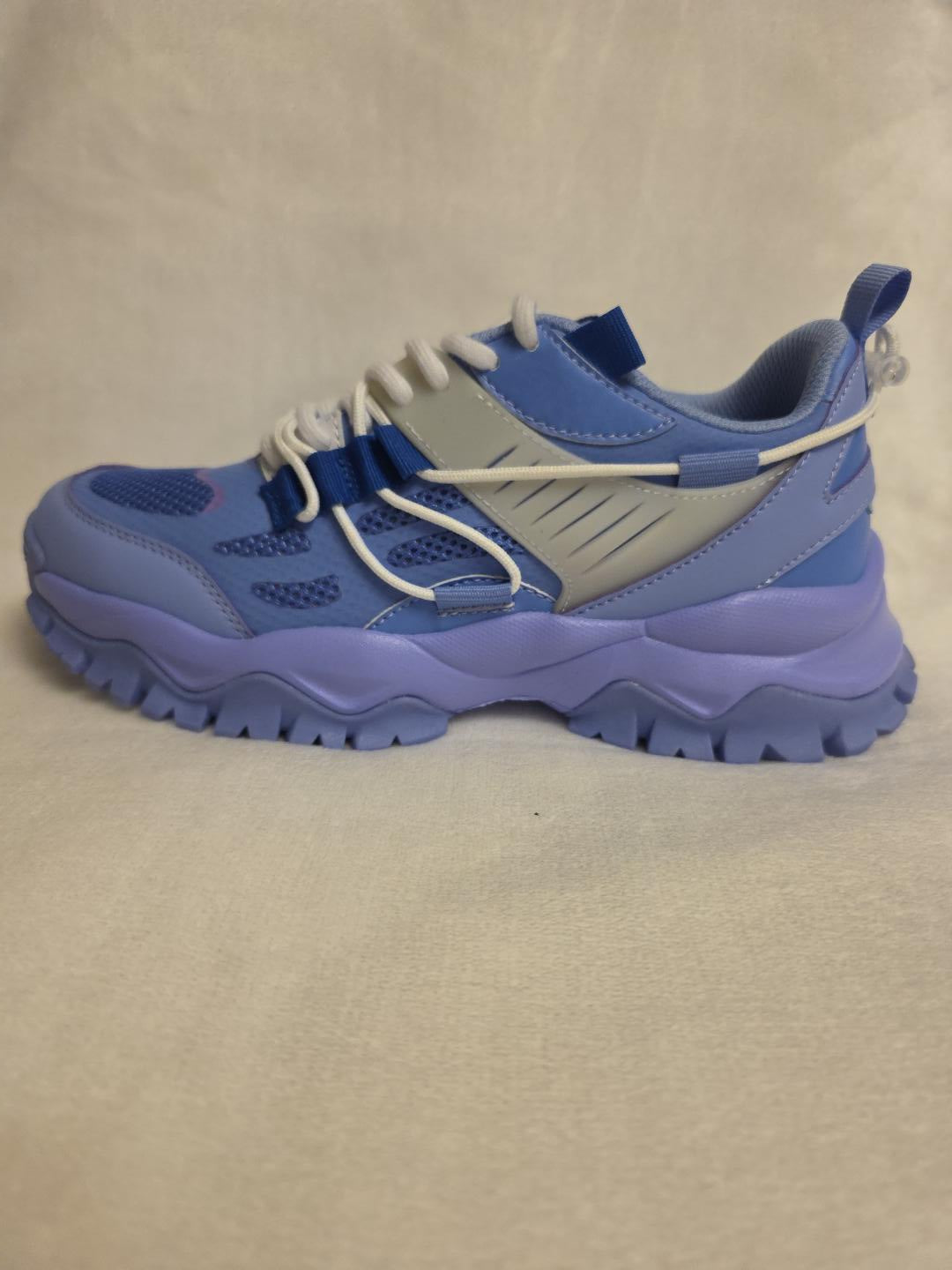 Ultra M Sneakers - side view with blue suede overlays, mesh upper and purple chunky tread outsole