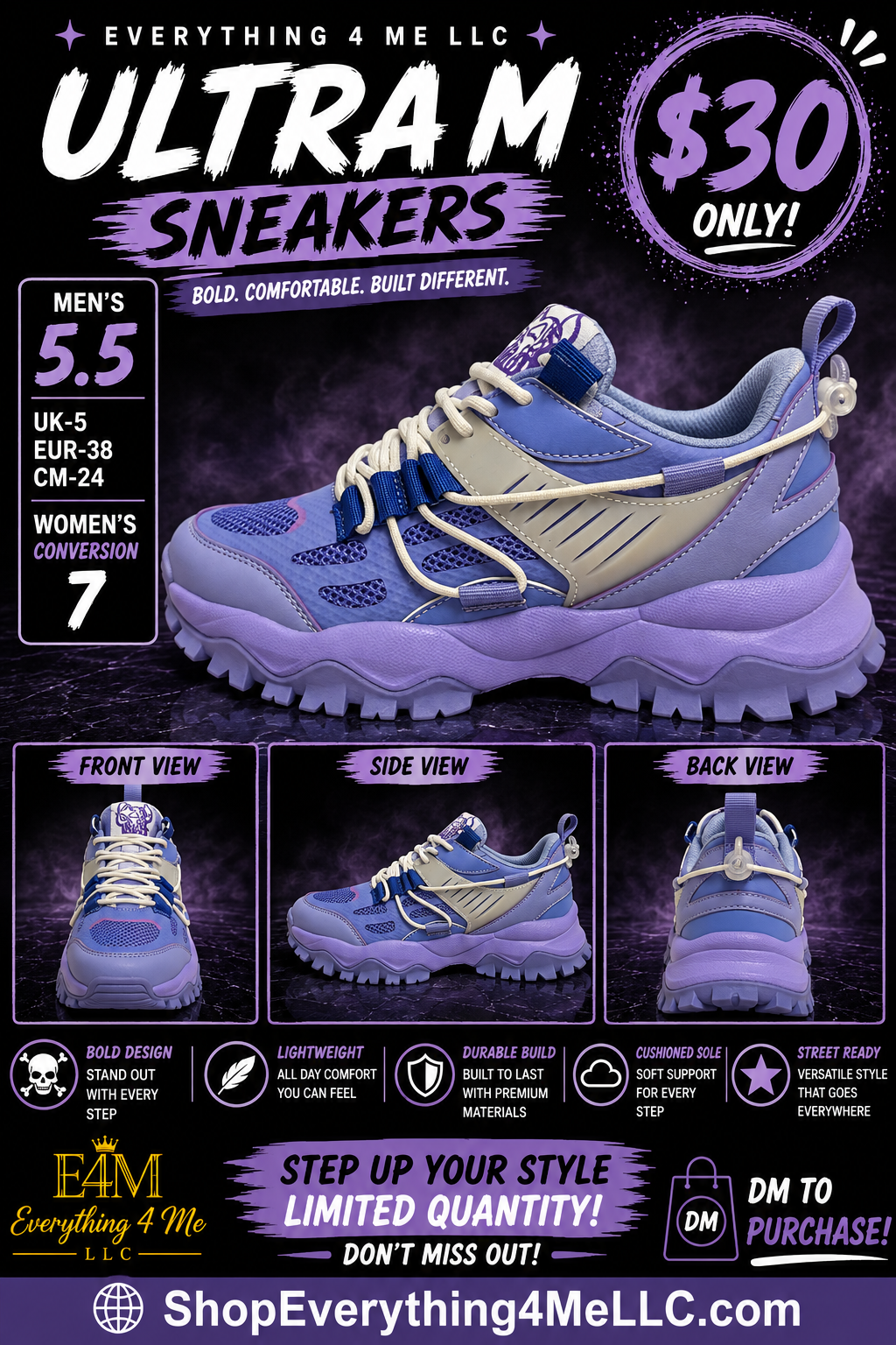 Ultra M Sneakers promotional flyer - Bold Comfortable Built Different - Men's 5.5 Women's 7 - $30
