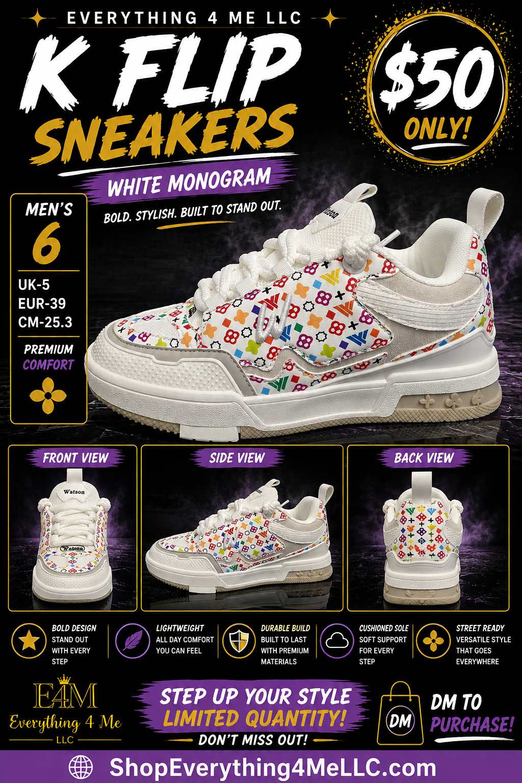Watson White Monogram K-Flip Sneaker – Size 6Y / 7.5W