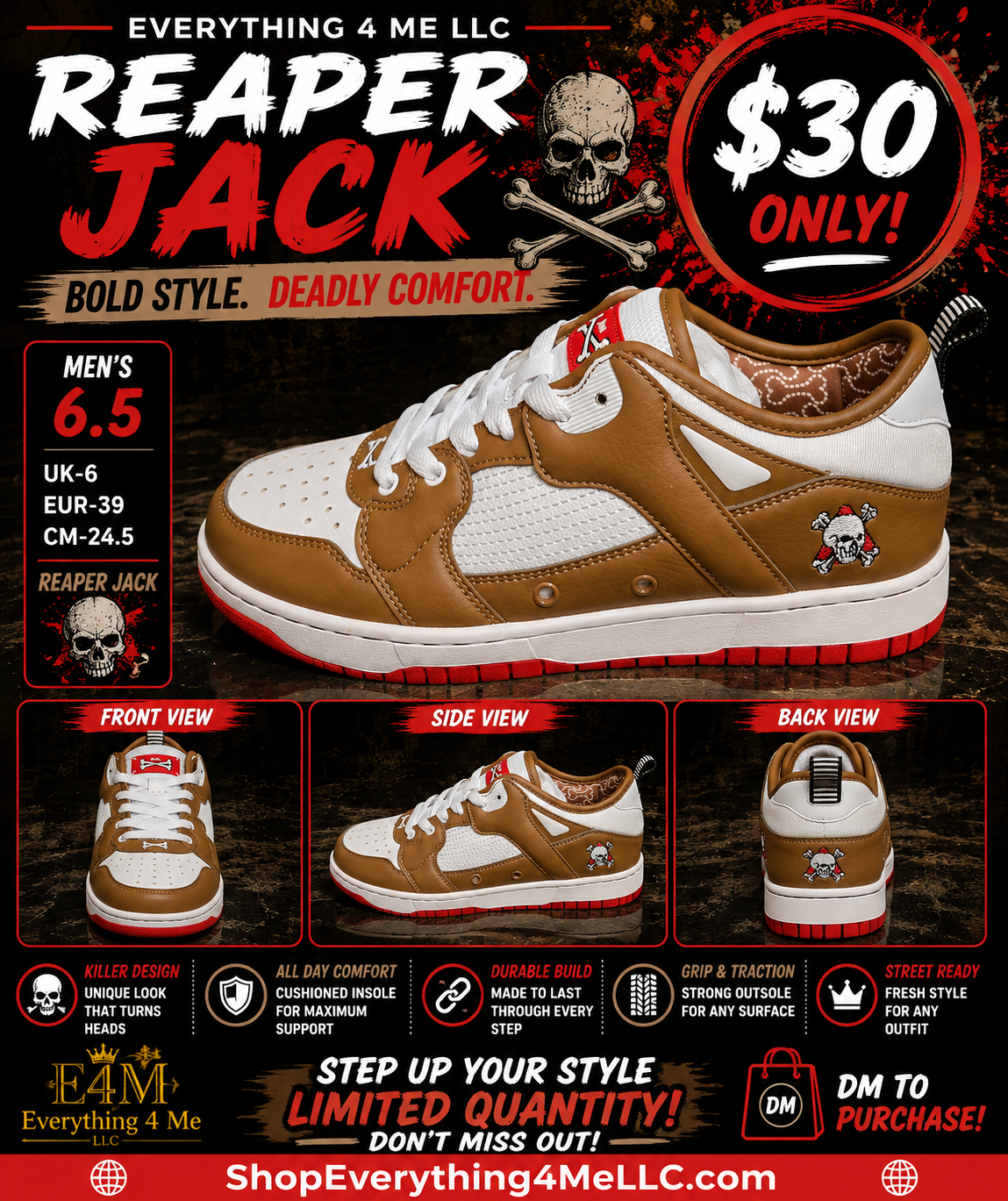 Brand X Reaper Jack Men's Sneakers promotional flyer - Bold Style Deadly Comfort