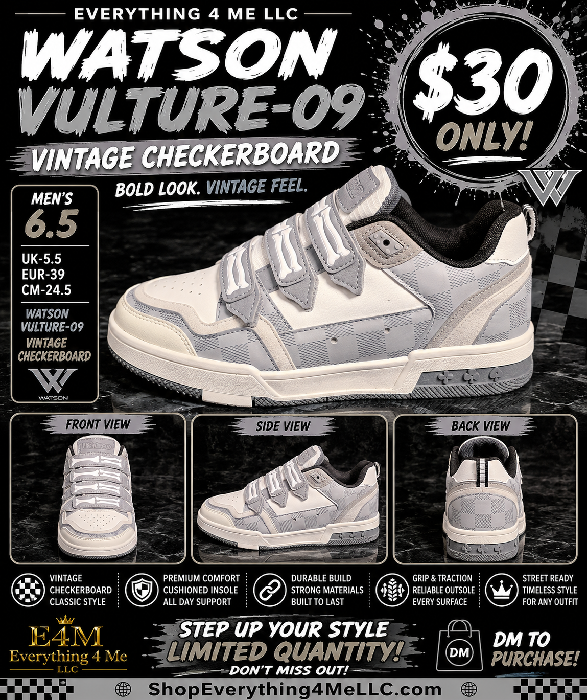 Watson Vulture-09 Vintage Checkerboard Men's Sneakers promotional flyer