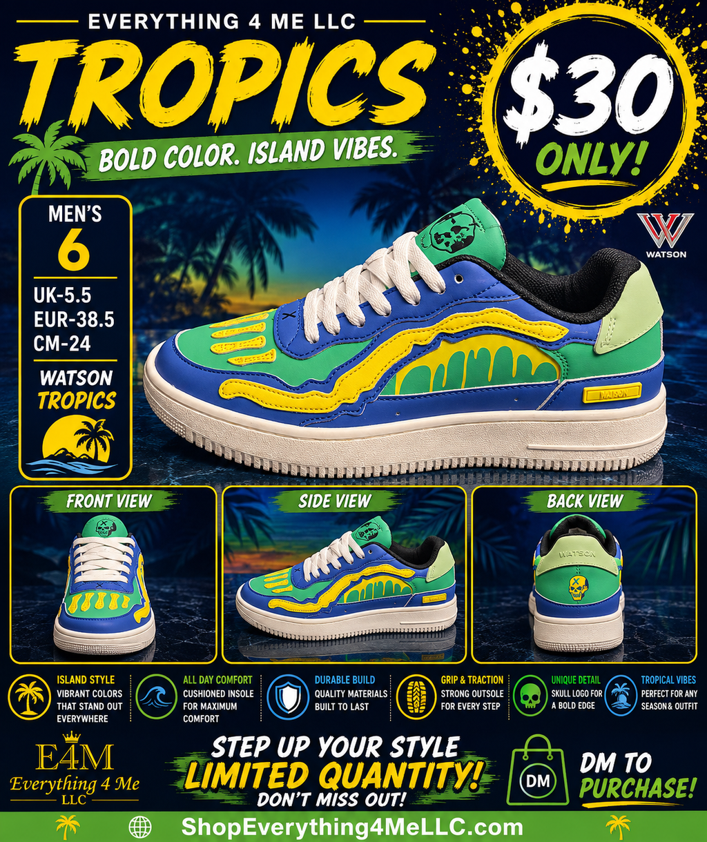 Watson Tropics Men's Sneakers promotional flyer - bold color island vibes
