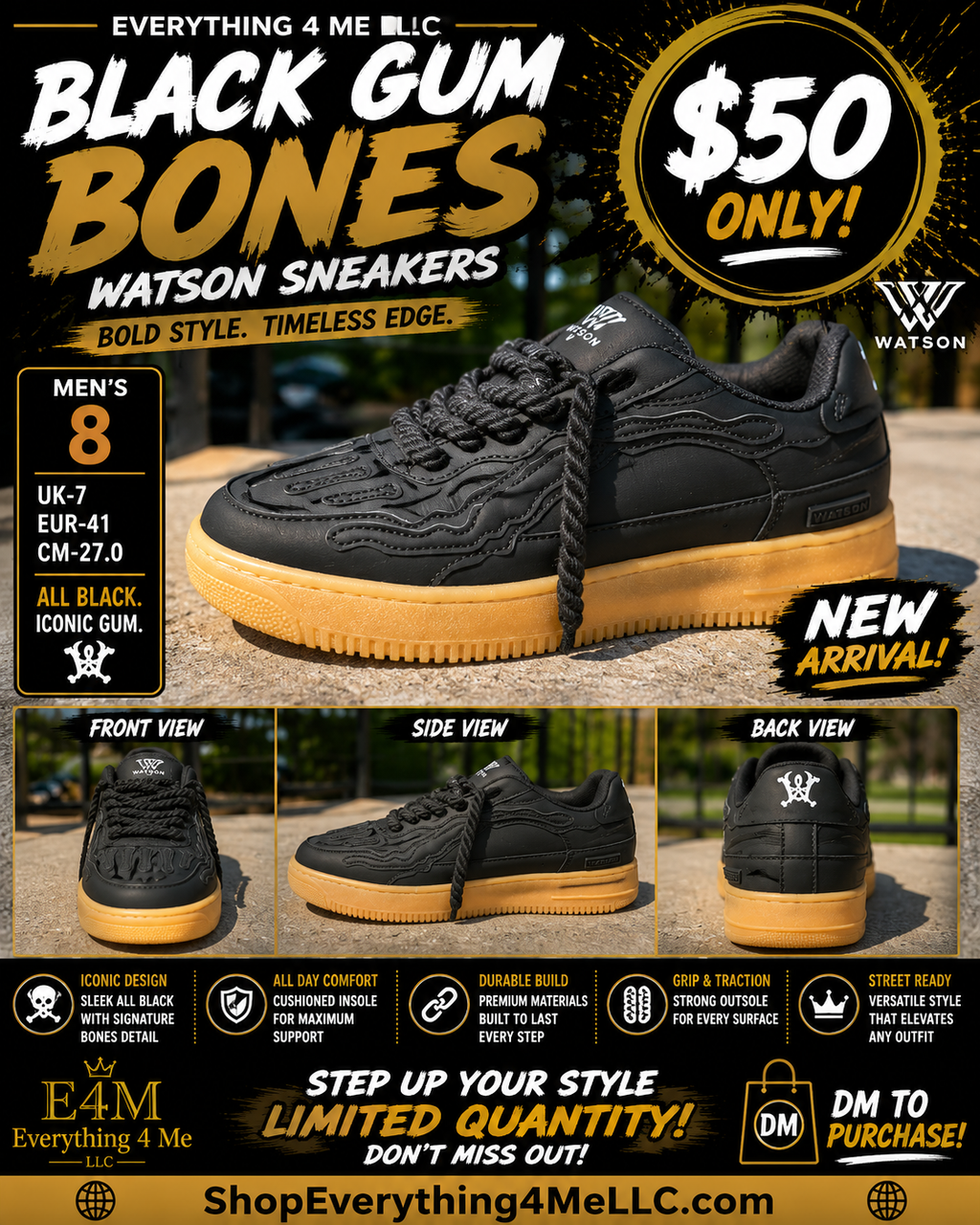 Watson Black Gum Bones Men's Sneakers promotional flyer