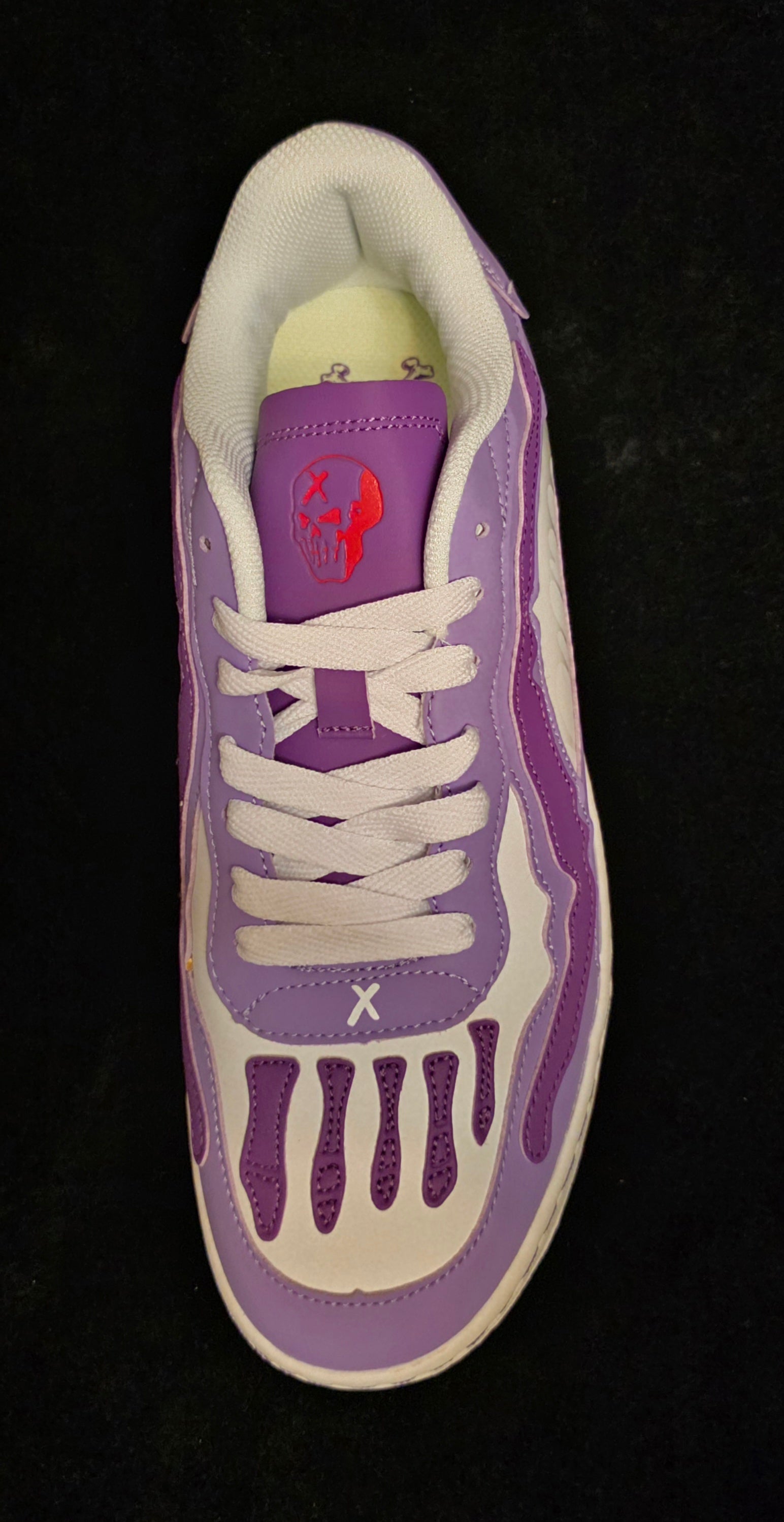 Brand X Studio Purple Heart Bones Men's Sneakers - top view with skull tongue graphic