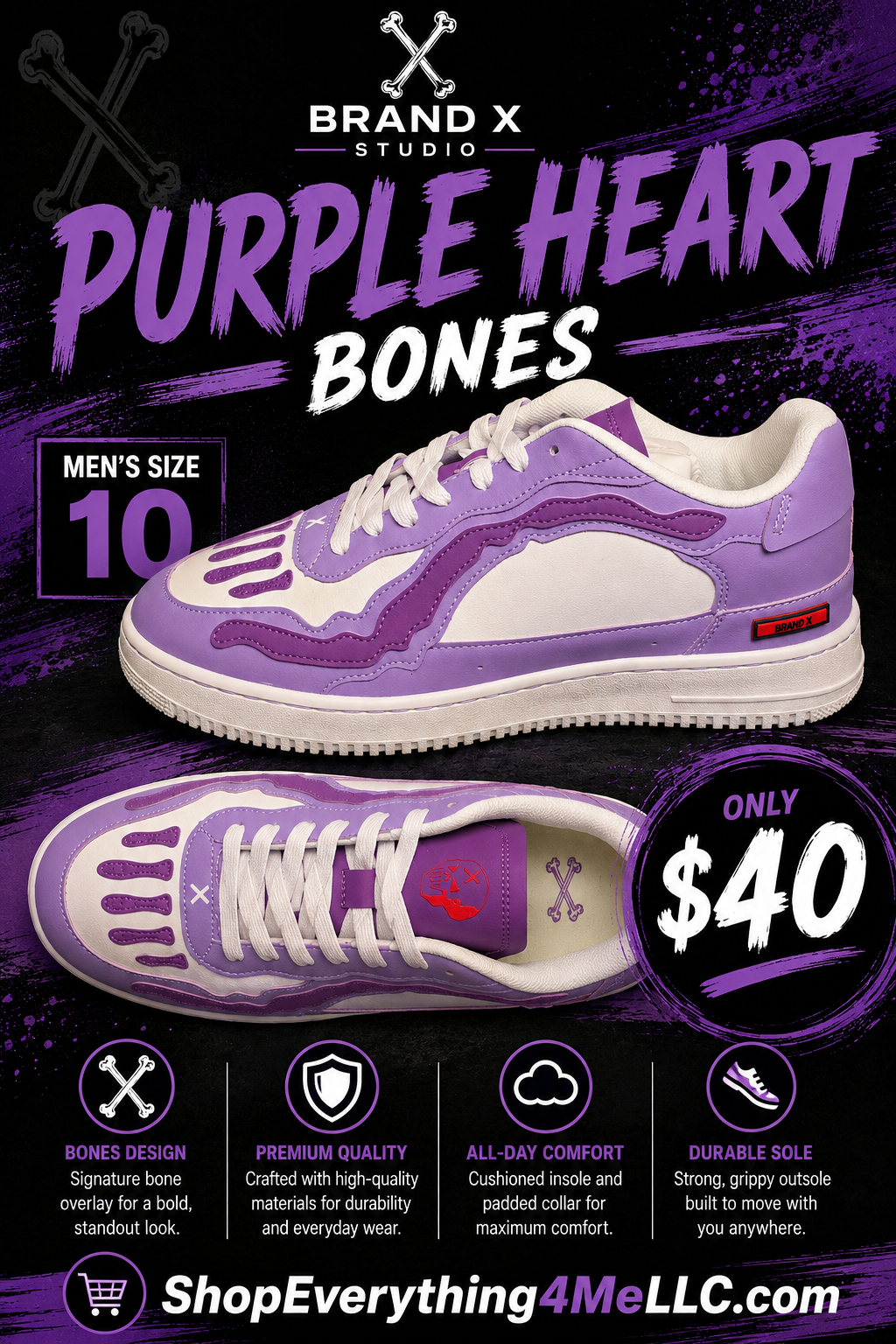Brand X Studio Purple Heart Bones Men's Sneakers promotional flyer