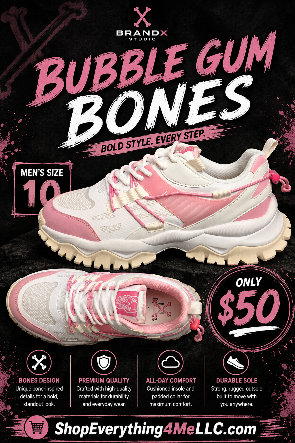 Brand X Studio Bubble Gum Bones Men's Sneakers promotional flyer - Bold Style Every Step