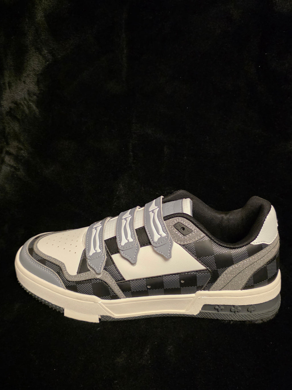 Watson Vulture-08 Black Checkerboard Men's Sneakers - side view with bone strap closure