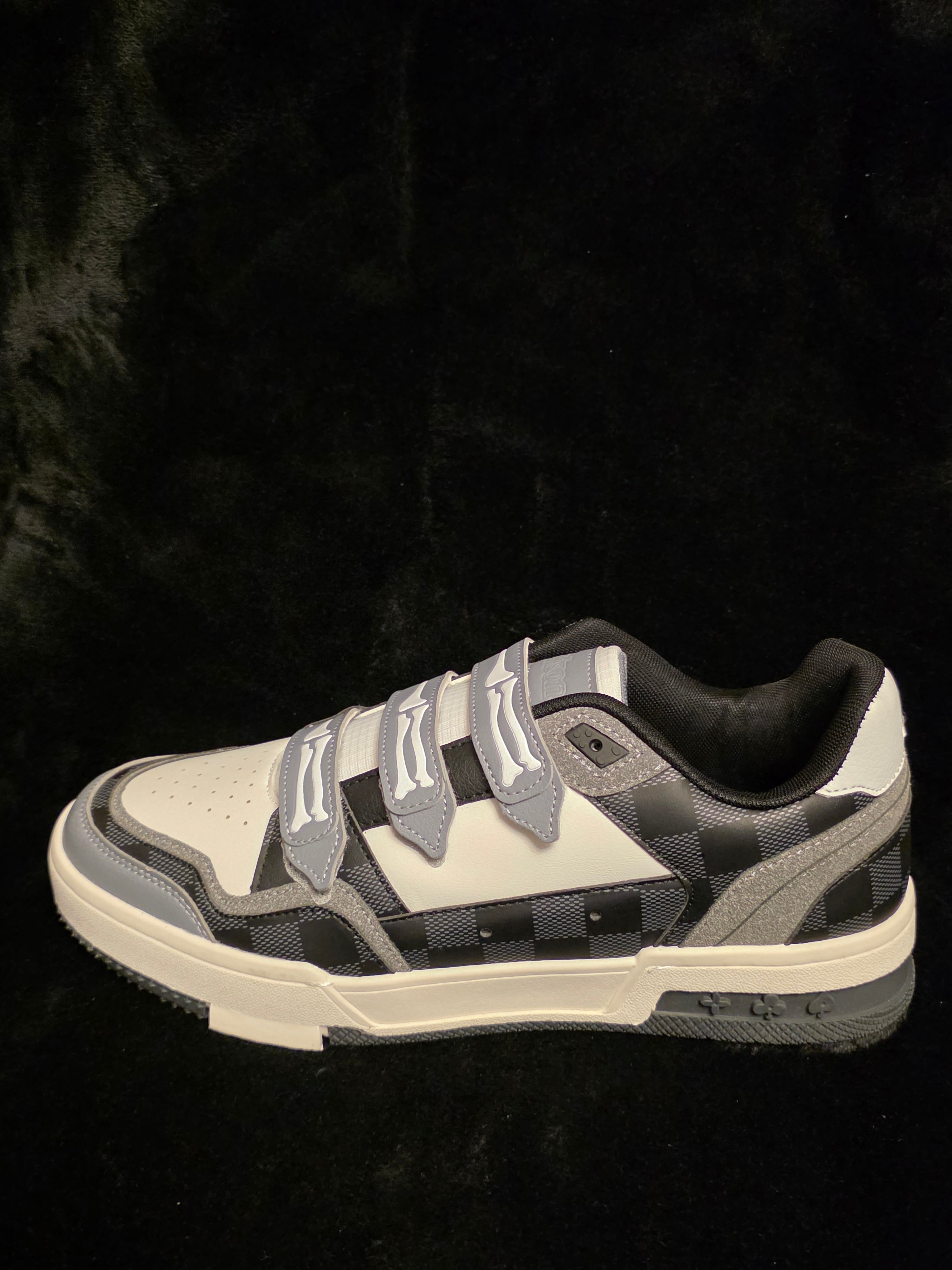 Watson Vulture-08 Black Checkerboard Men's Sneakers - side view with bone strap closure