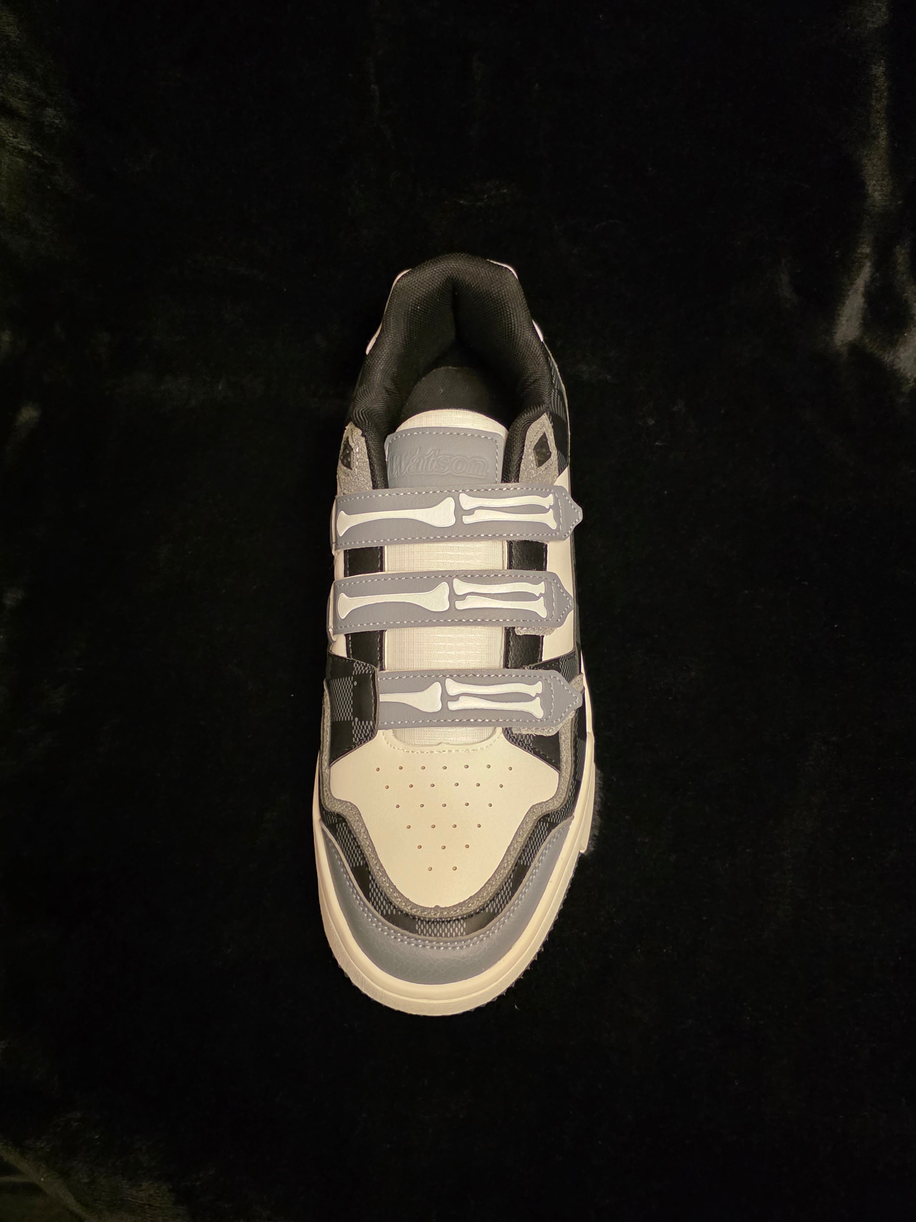 Watson Vulture-08 Black Checkerboard Men's Sneakers - top view with 3-strap bone closure system