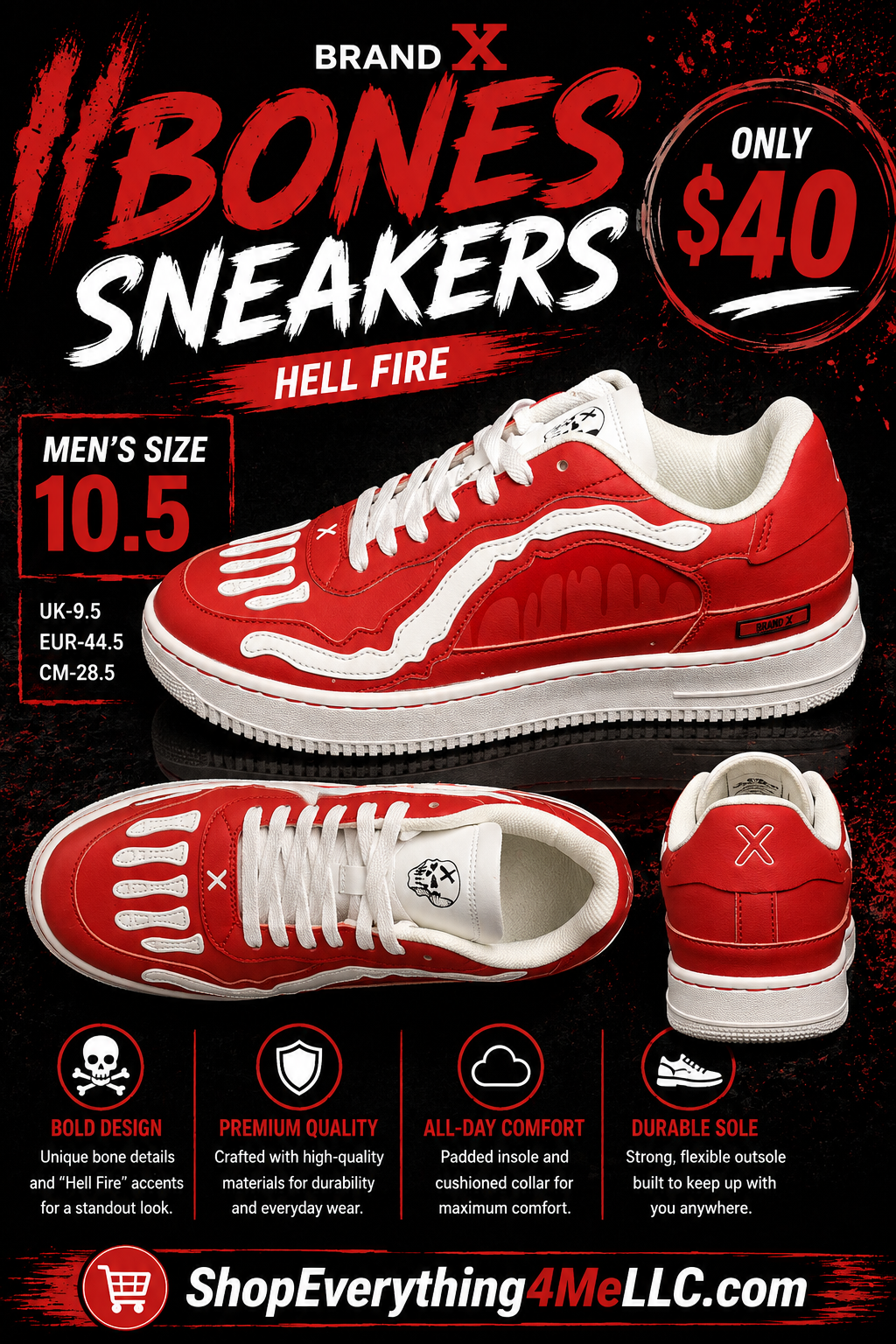 Brand X II Bones Hell Fire Men's Sneakers promotional flyer - Bold Design Every Step