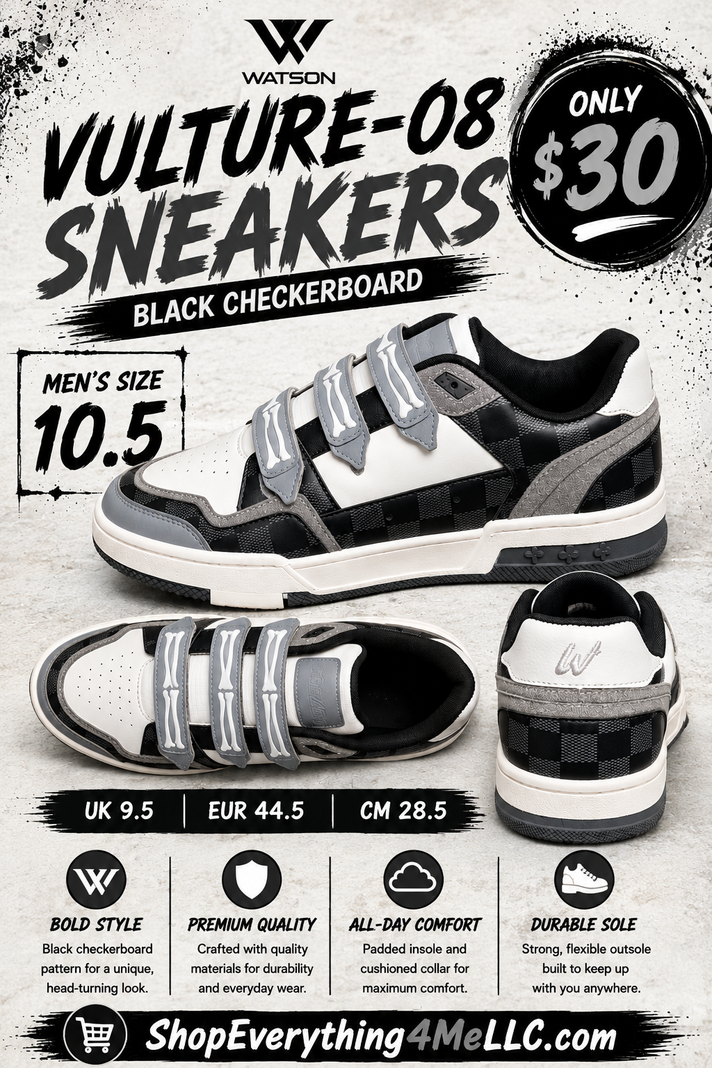 Watson Vulture-08 Black Checkerboard Men's Sneakers promotional flyer - Only $30 Men's Size 10.5