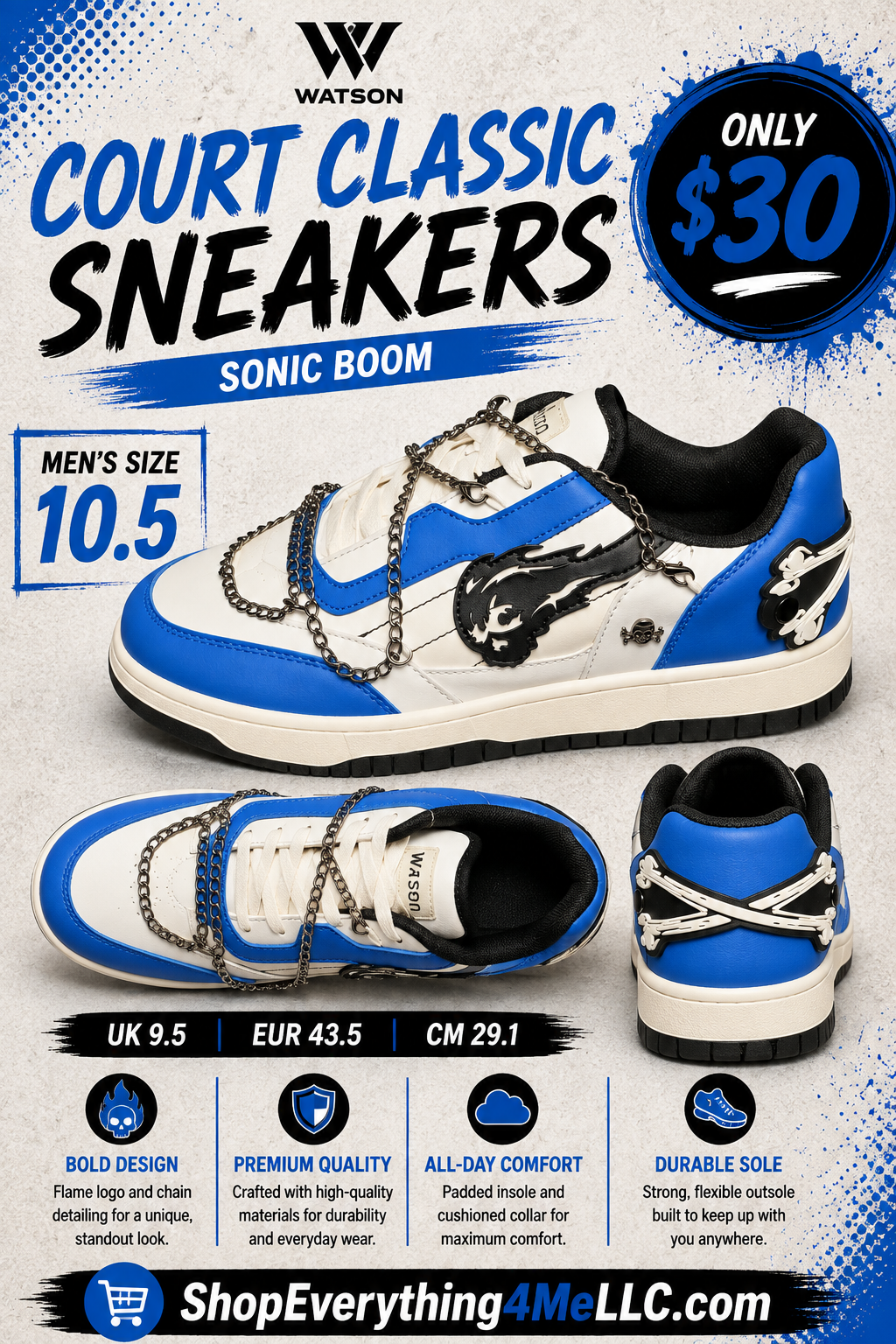 Watson Court Classic Sonic Boom Men's Sneakers promotional flyer - Only $30 Men's Size 10.5