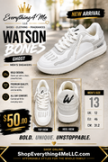 Watson Bones Ghost Men's Sneakers promotional flyer - Bold Unique Unstoppable - Men's Size 13 $50