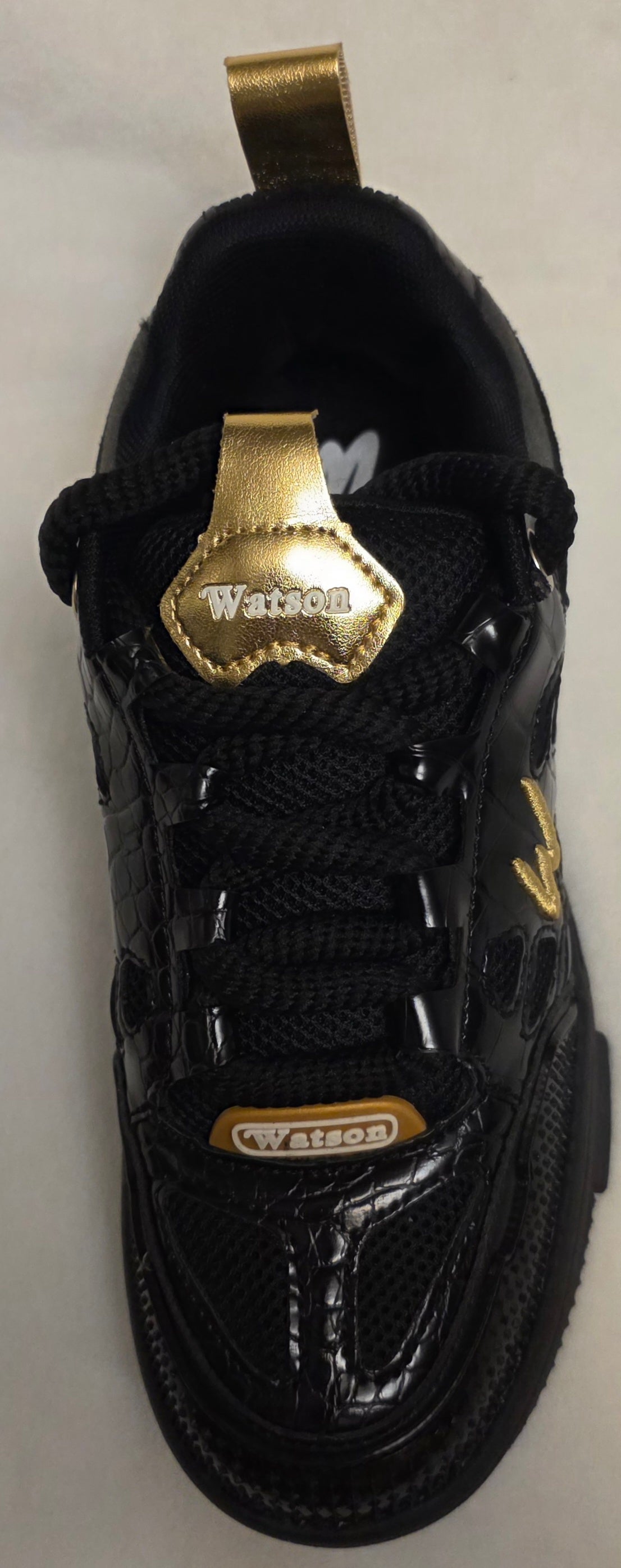 Watson K Flip Croc Lux Men's Sneakers - side view with gold W embroidered logo and croc overlays