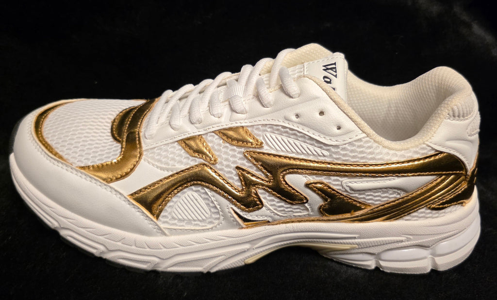 Watson Lyte Runner White Gold Men's Sneakers - side view with gold W flame overlays on breathable mesh