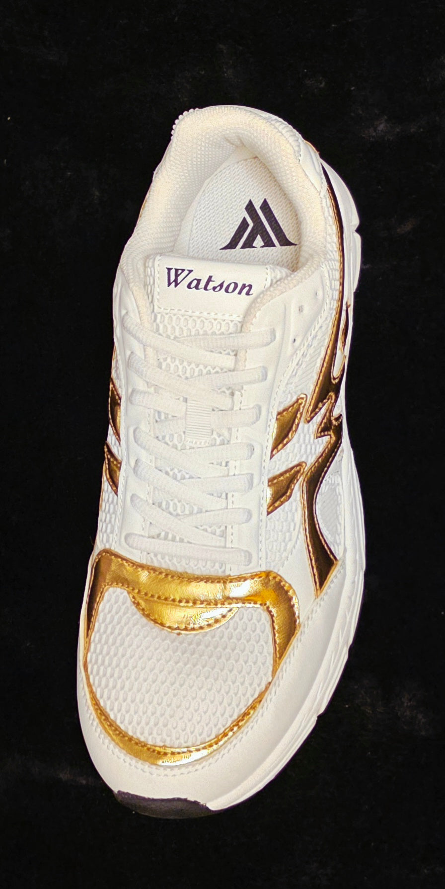 Watson Lyte Runner White Gold Men's Sneakers - top view with Watson script tongue label and triple-stripe heel tab