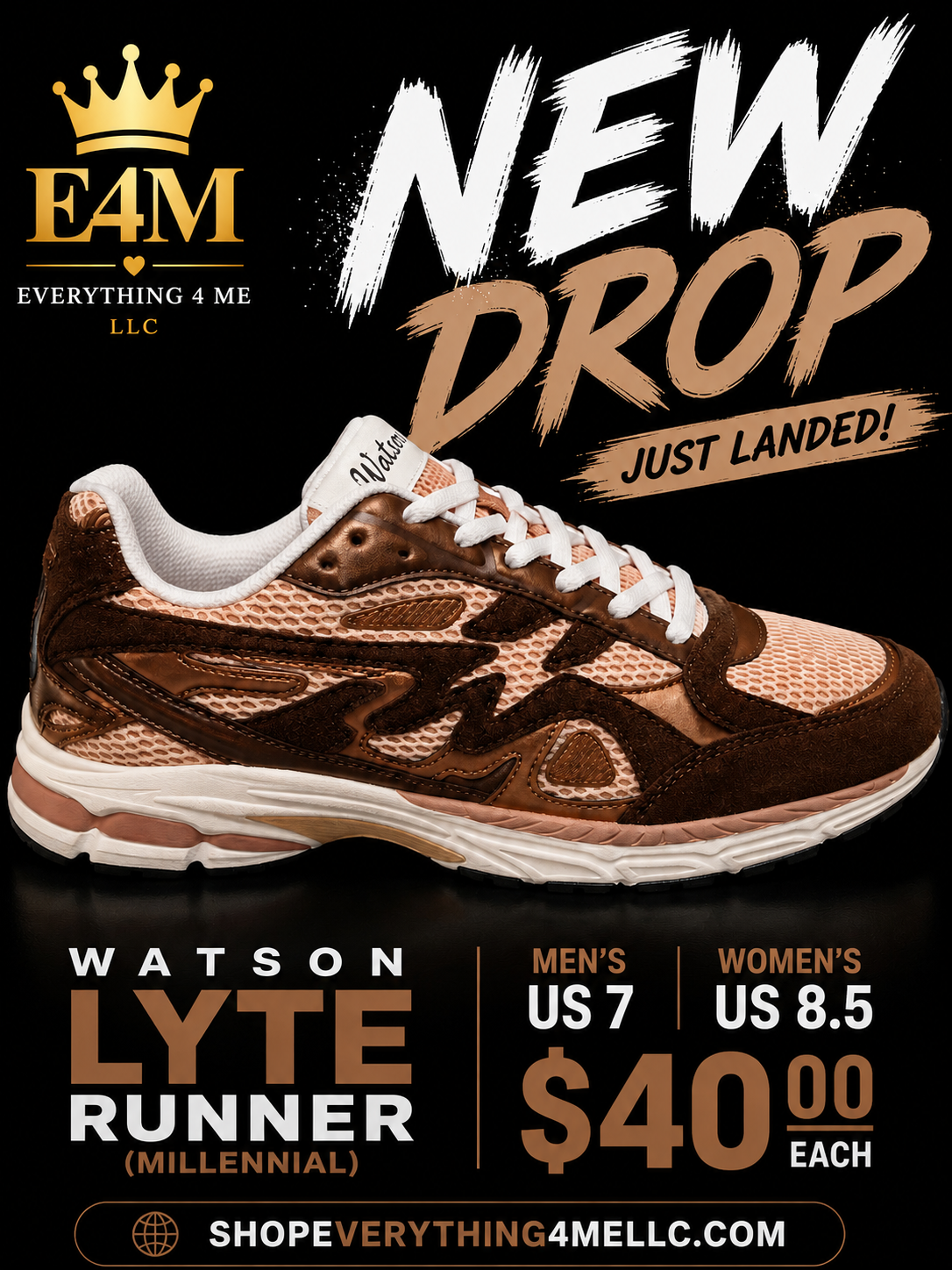 Watson Lyte Runner Millennial Men's Sneakers promotional flyer - New Drop Just Landed - Men's 7 Women's 8.5 - $40