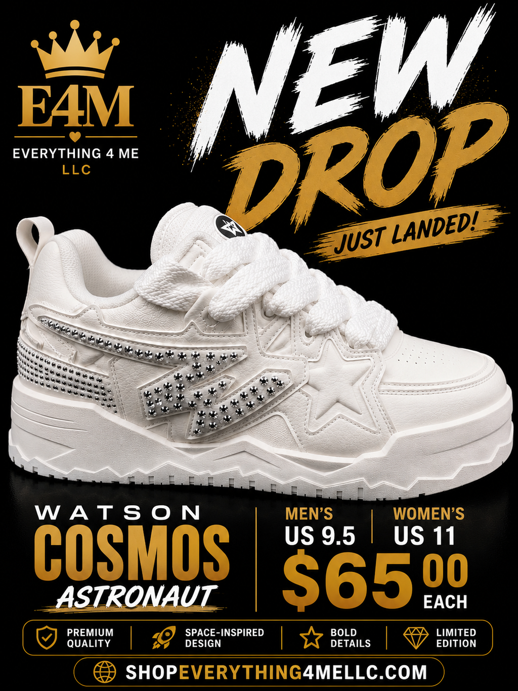 Watson Cosmos Astronaut Men's Sneakers promotional flyer - New Drop Just Landed - Men's 9.5 Women's 11 - $65