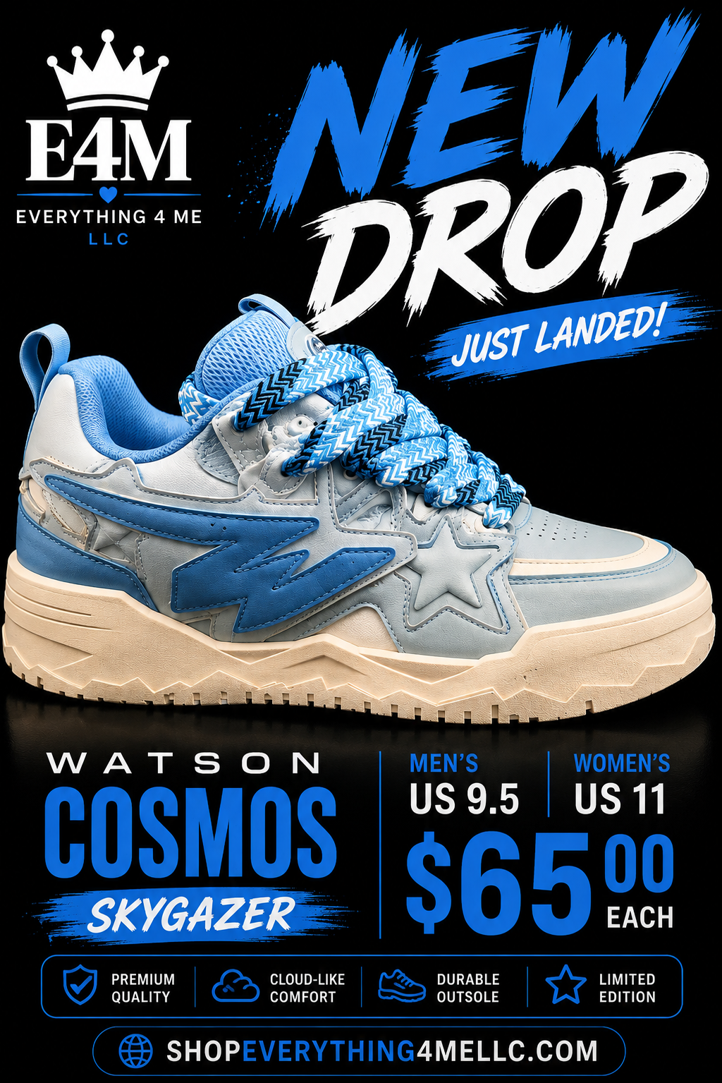 Watson Cosmos Skygazer Men's Sneakers promotional flyer - New Drop Just Landed - Men's 9.5 Women's 11 - $65