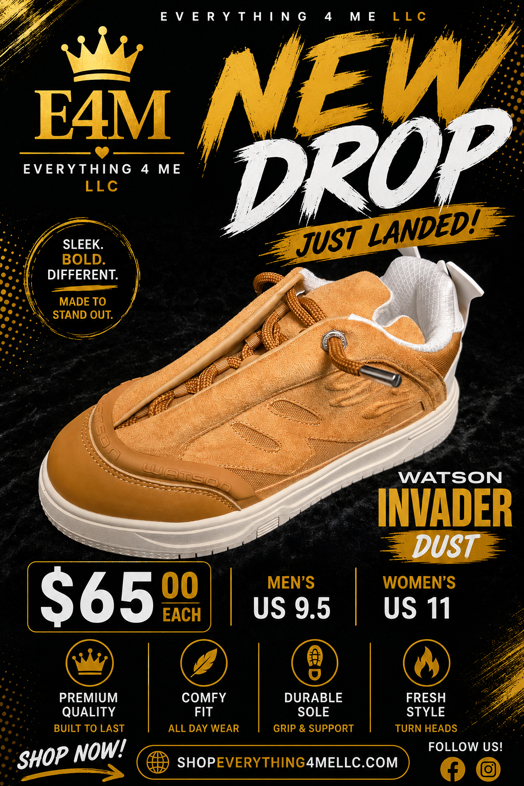 Watson Invader Dust Men's Sneakers promotional flyer - New Drop Just Landed - Men's 9.5 Women's 11 - $65