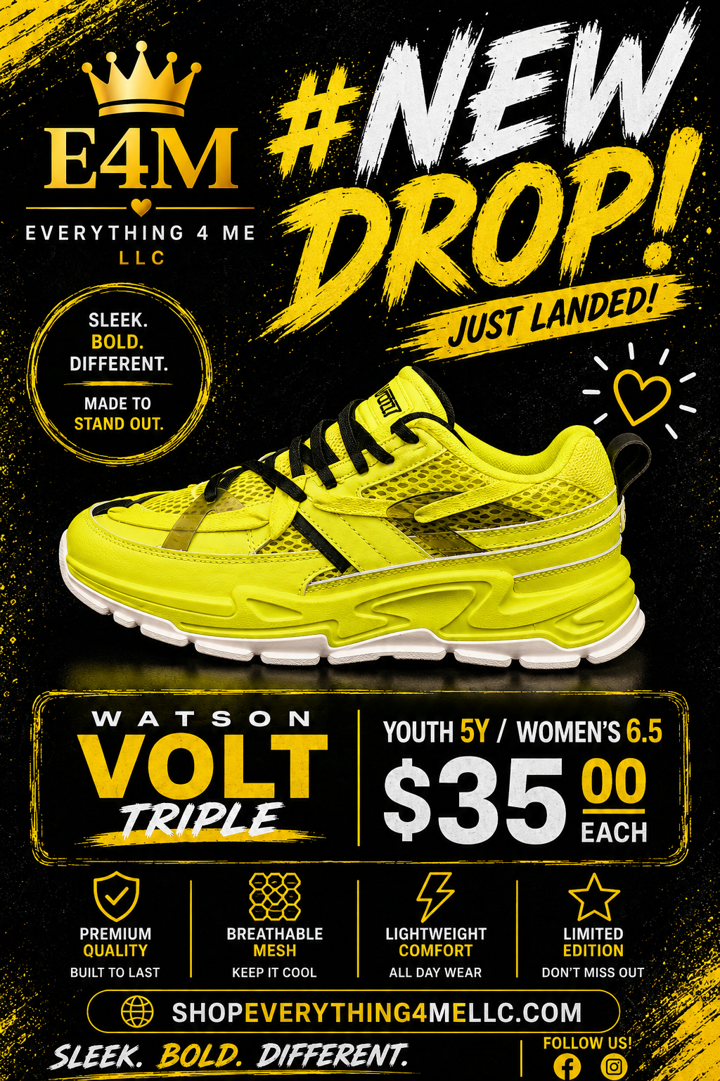 Watson Volt Triple Youth Sneakers promotional flyer - New Drop Just Landed - Youth 5Y Women's 6.5 - $35