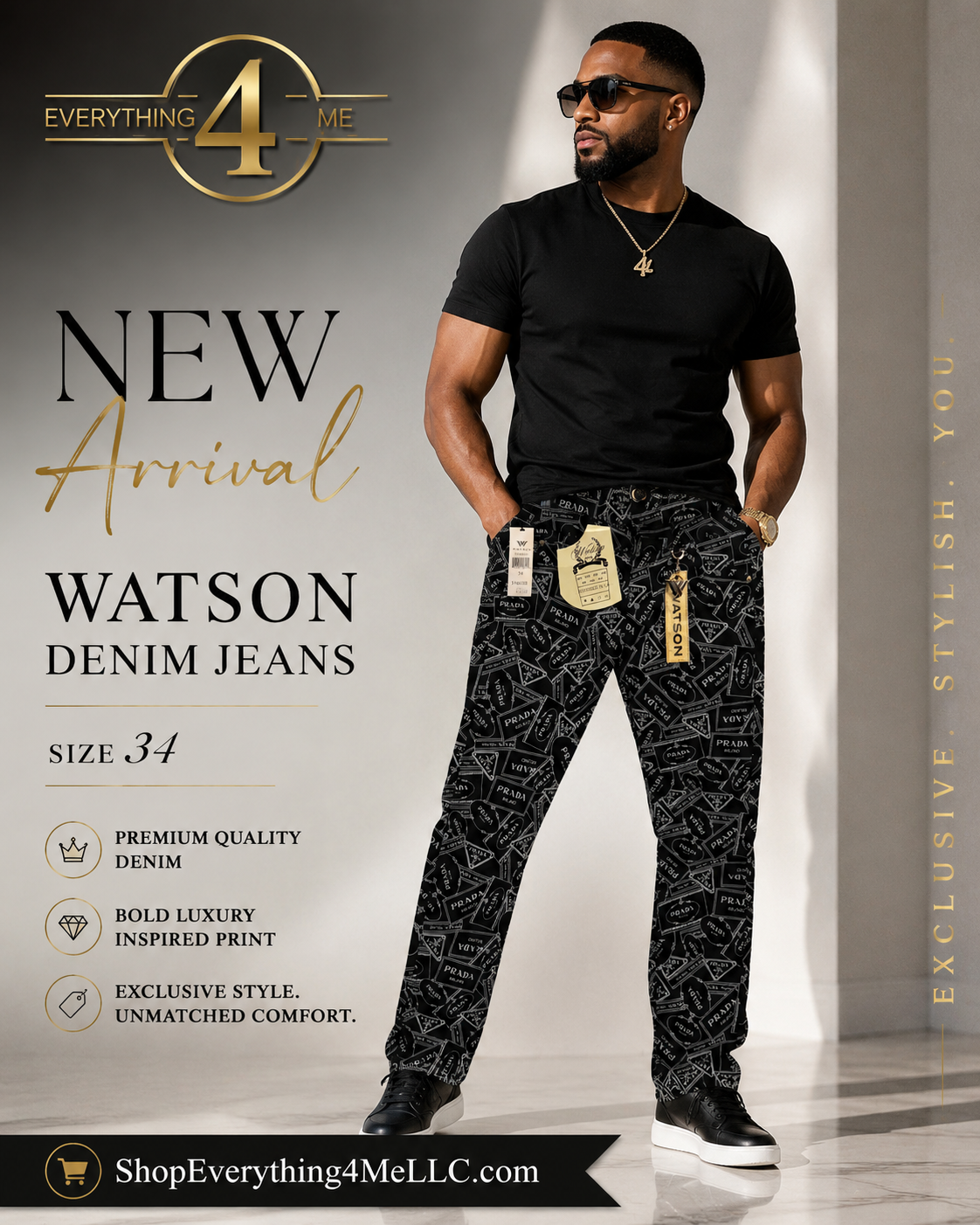 Watson Denim Jeans Size 34 - New Arrival promotional flyer featuring model in luxury logo print jeans - $39.99