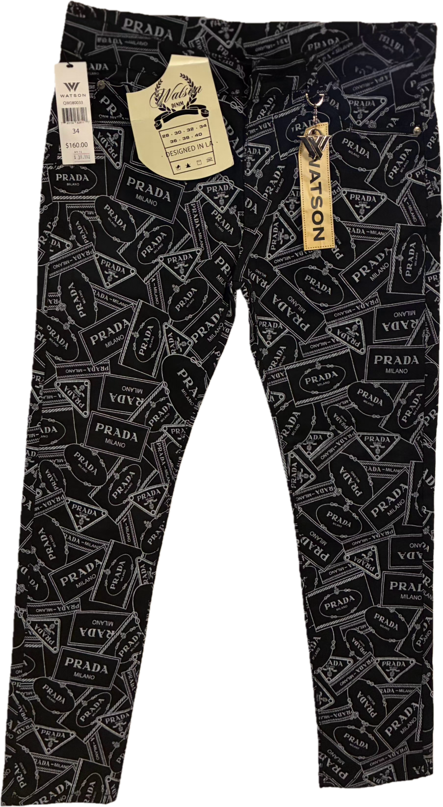Watson Denim Jeans Size 34 - flat lay showing allover luxury-inspired logo print with Watson and brand hang tags