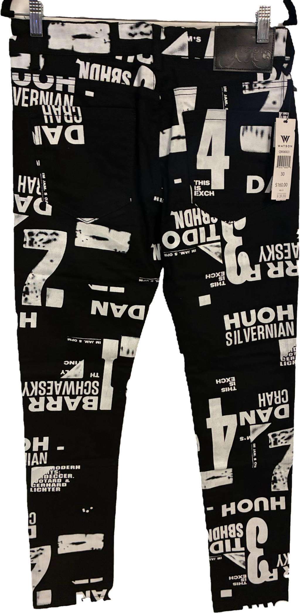 Watson Denim Graphic Print Jeans Size 30 - flat lay showing allover black and white graphic text and number print with Watson hang tag