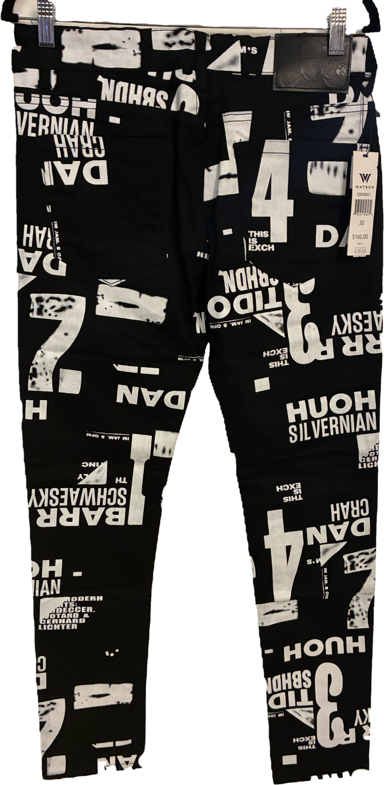 Watson Denim Graphic Print Jeans Size 30 - flat lay showing allover black and white graphic text and number print with Watson hang tag