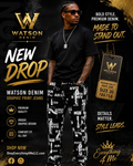 Watson Denim Graphic Print Jeans Size 30 - New Drop promotional flyer featuring model in bold black and white graphic text print jeans