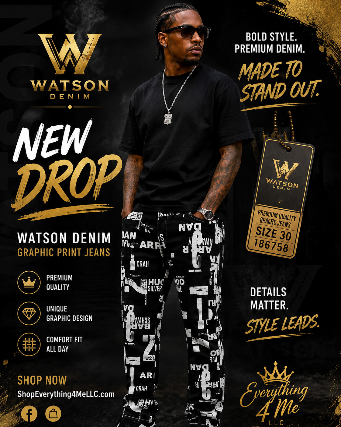 Watson Denim Graphic Print Jeans Size 30 - New Drop promotional flyer featuring model in bold black and white graphic text print jeans