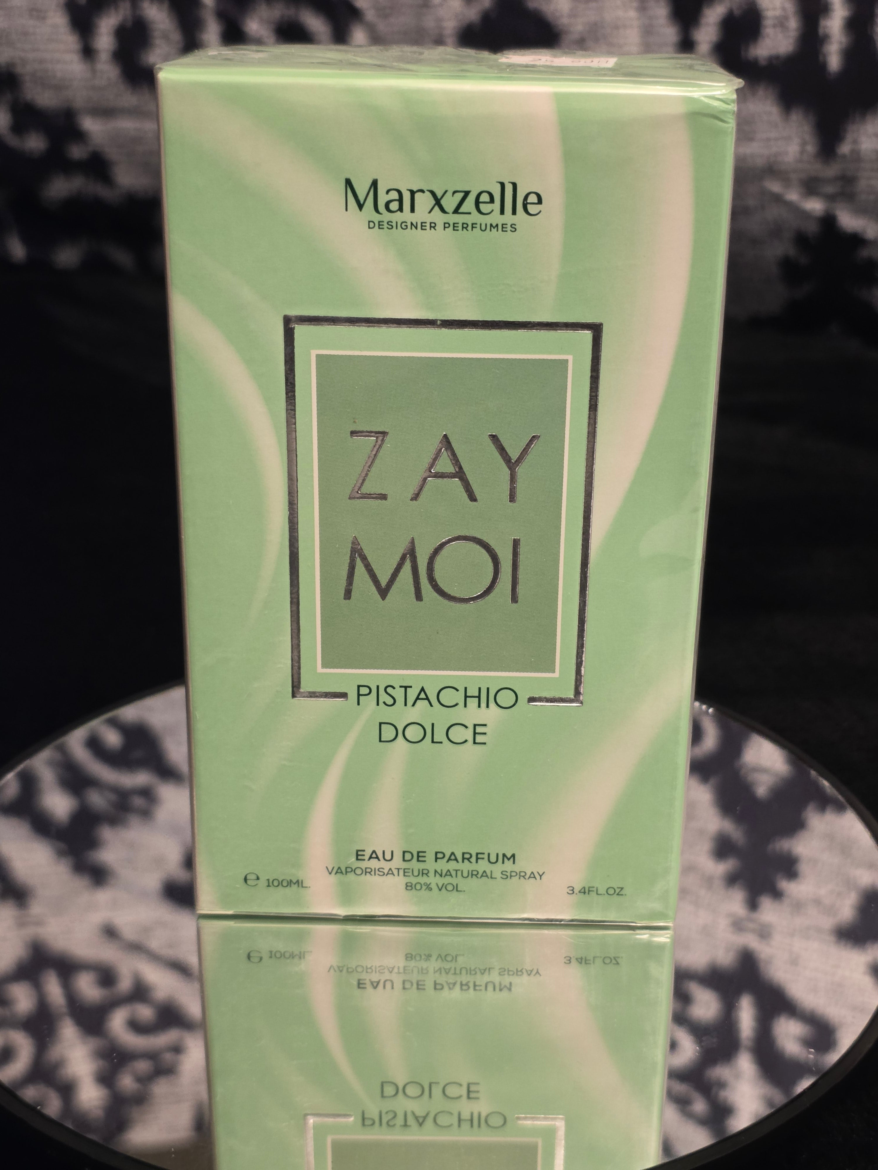 Marxzelle Zay Moi Pistachio Dolce Eau de Parfum 100mL box - soft sage mint green wave texture packaging with silver ZAY MOI square crest logo and gold Marxzelle header