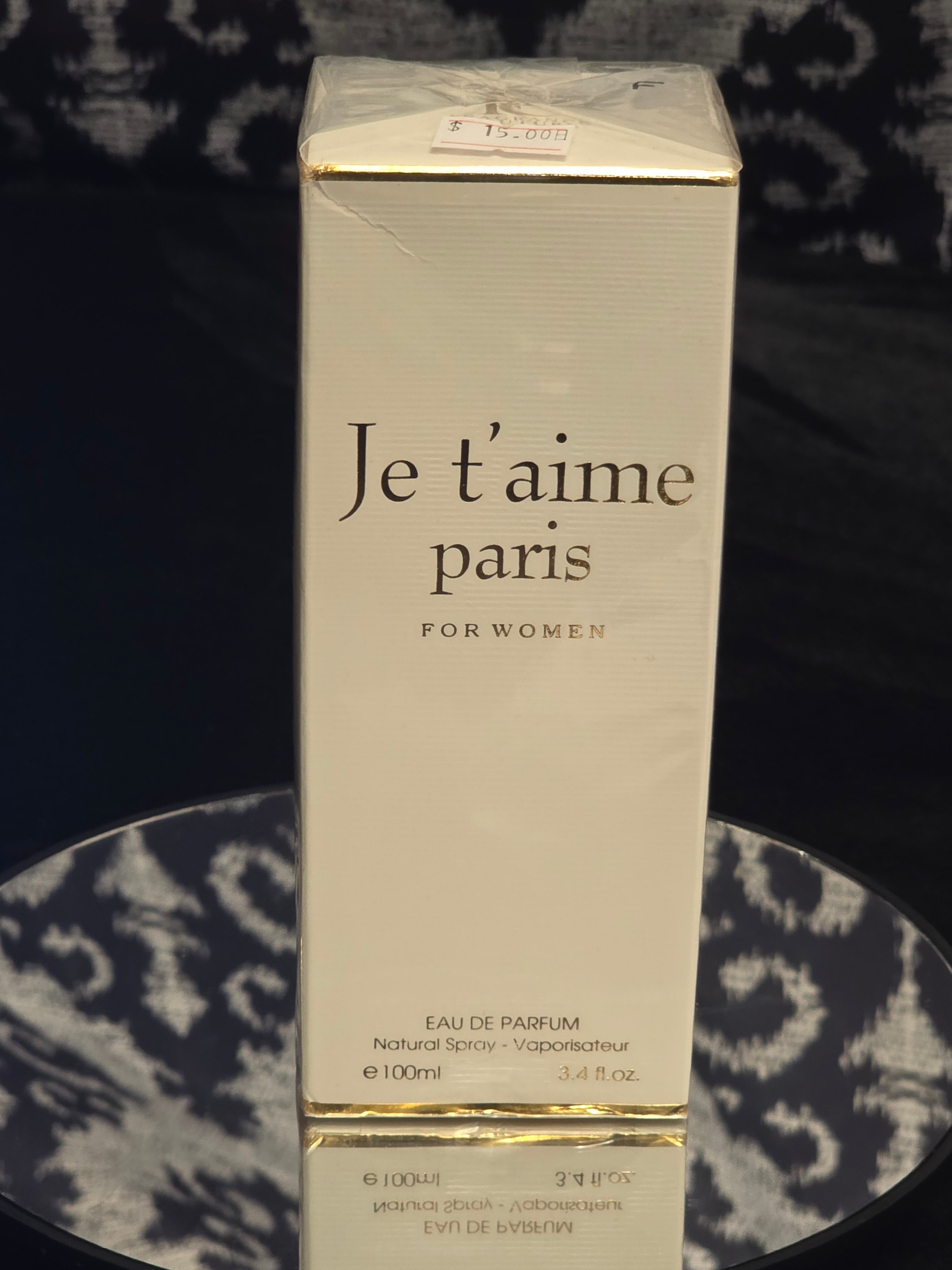 Je t'aime Paris For Women Eau de Parfum 100mL box - sleek ivory and gold packaging with elegant serif Je t'aime paris typography and gold trim