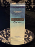 Marxzelle Donna Bella Bleu Eau de Parfum 100mL box - dreamy blue to white watercolor ombre gradient packaging with deep navy top, silver DONNA BELLA Bleu metal plate label and gold Marxzelle header