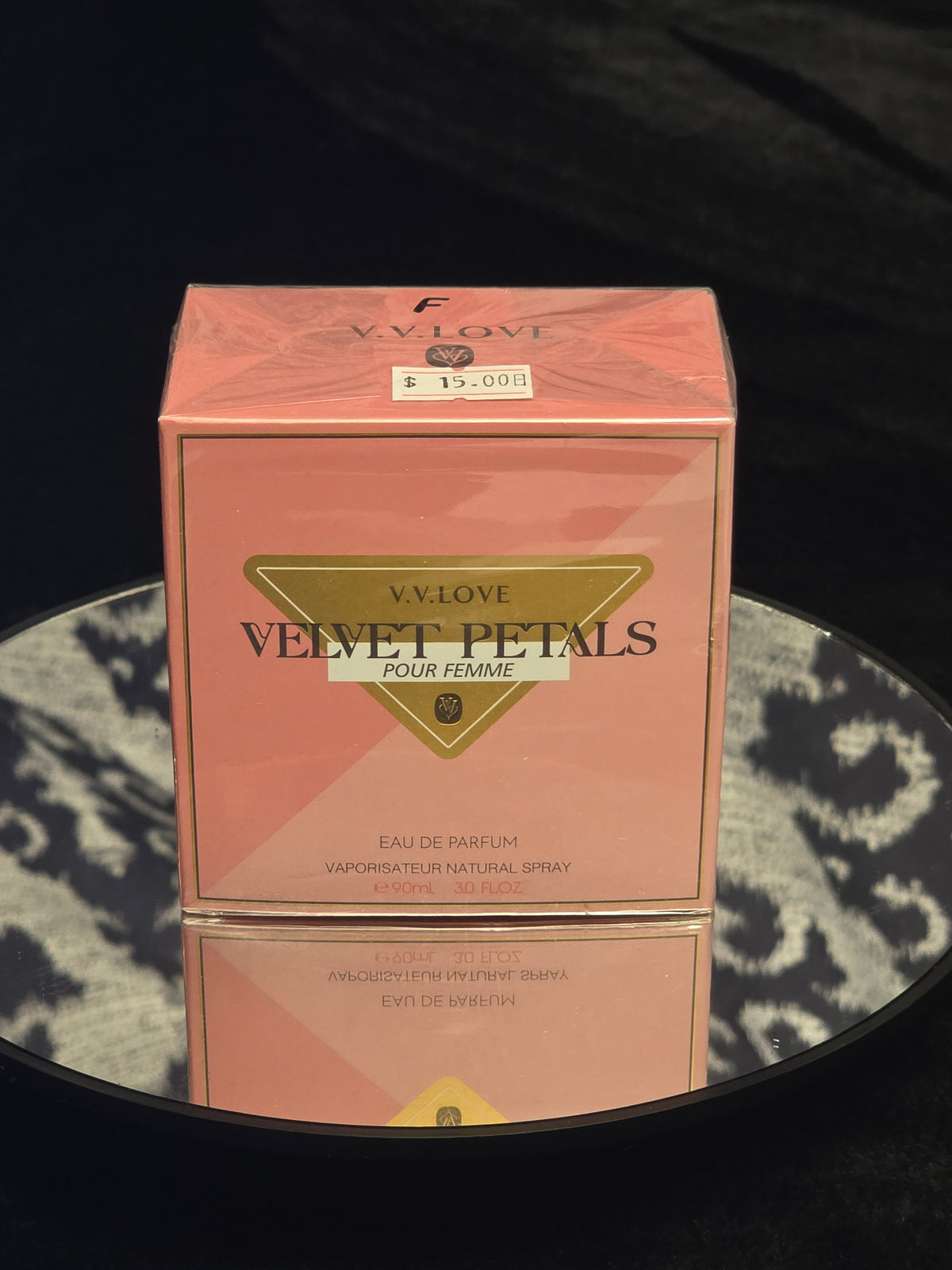V.V.Love Velvet Petals Pour Femme Eau de Parfum 100mL box - blush pink packaging with bold gold inverted triangle V.V.Love crest and VELVET PETALS POUR FEMME logo