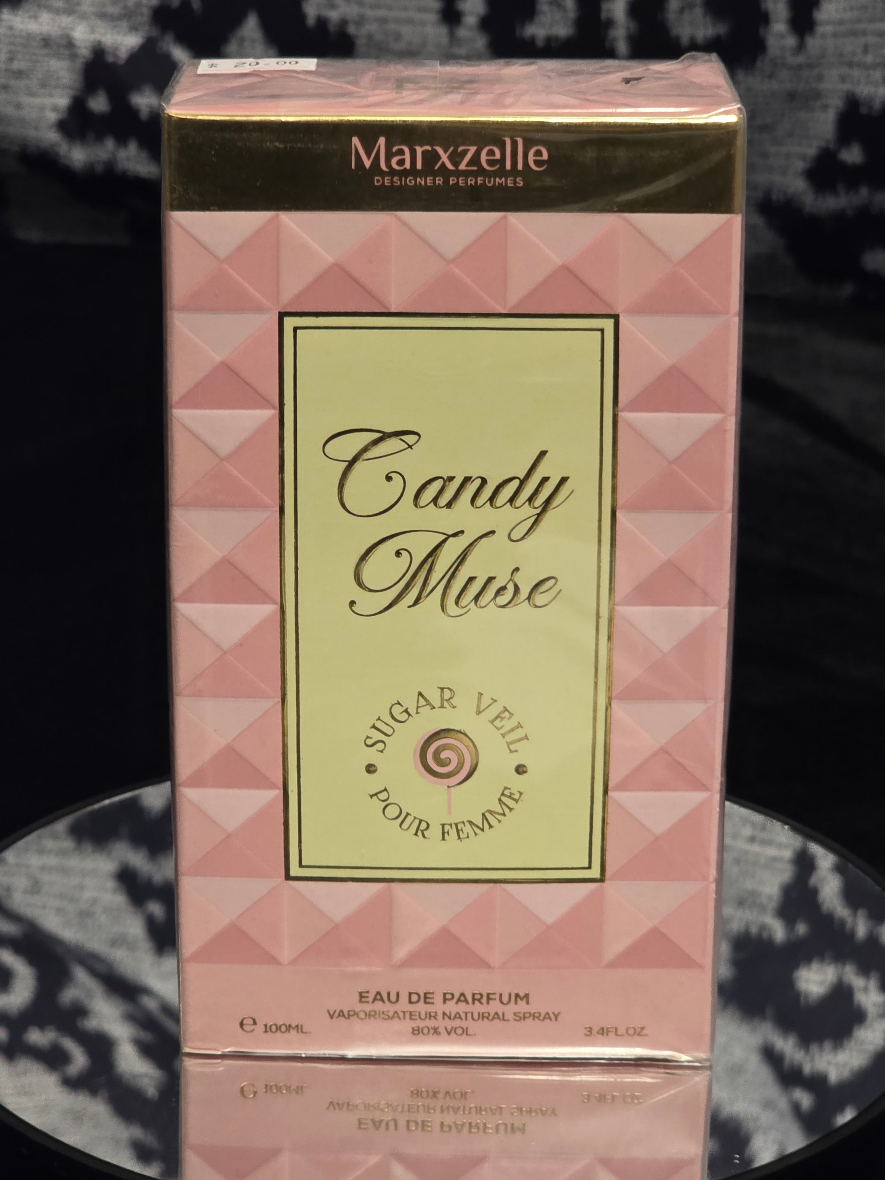 Marxzelle Candy Muse Sugar Veil Pour Femme Eau de Parfum 100mL box - blush pink quilted diamond texture packaging with gold Marxzelle header and cream Candy Muse Sugar Veil lollipop label