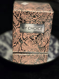 My Choice Eau de Parfum 100mL box - rose gold snakeskin embossed packaging with silver MY CHOICE metal plate label