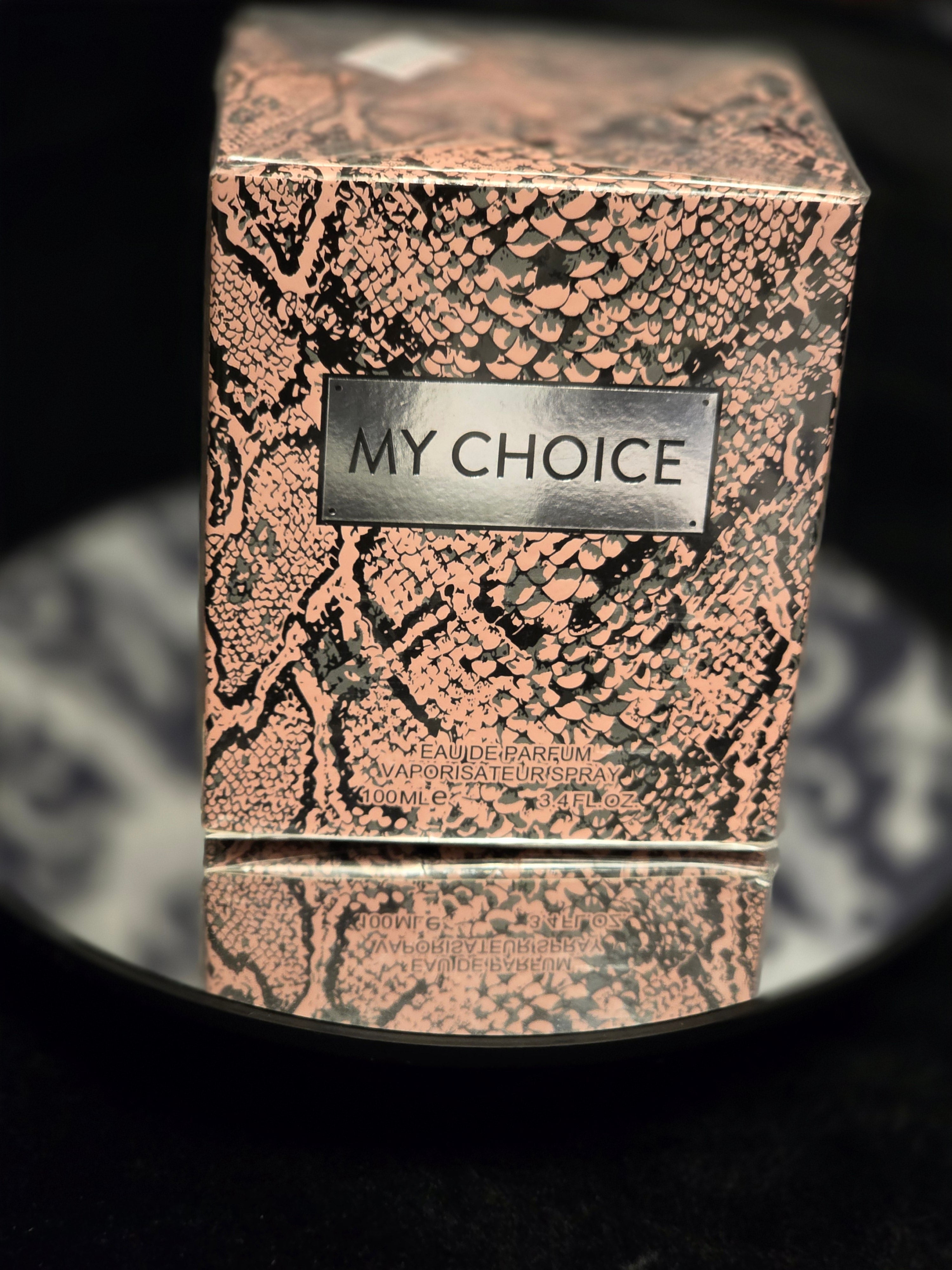 My Choice Eau de Parfum 100mL box - rose gold snakeskin embossed packaging with silver MY CHOICE metal plate label