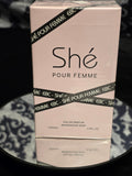 EBC Shé Pour Femme Eau de Parfum 100mL box - minimalist blush pink packaging with bold black diagonal EBC branding tape