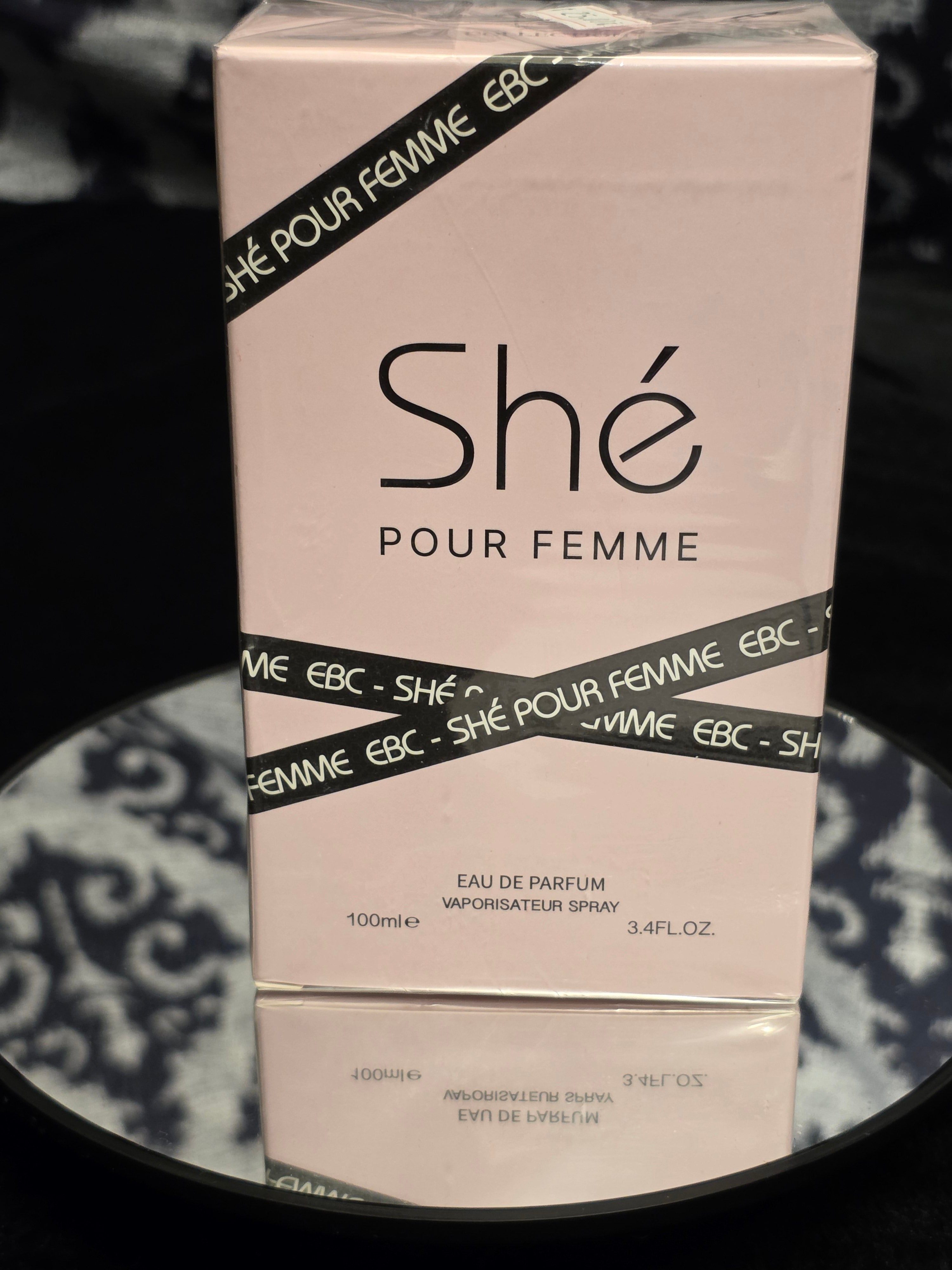 EBC Shé Pour Femme Eau de Parfum 100mL box - minimalist blush pink packaging with bold black diagonal EBC branding tape