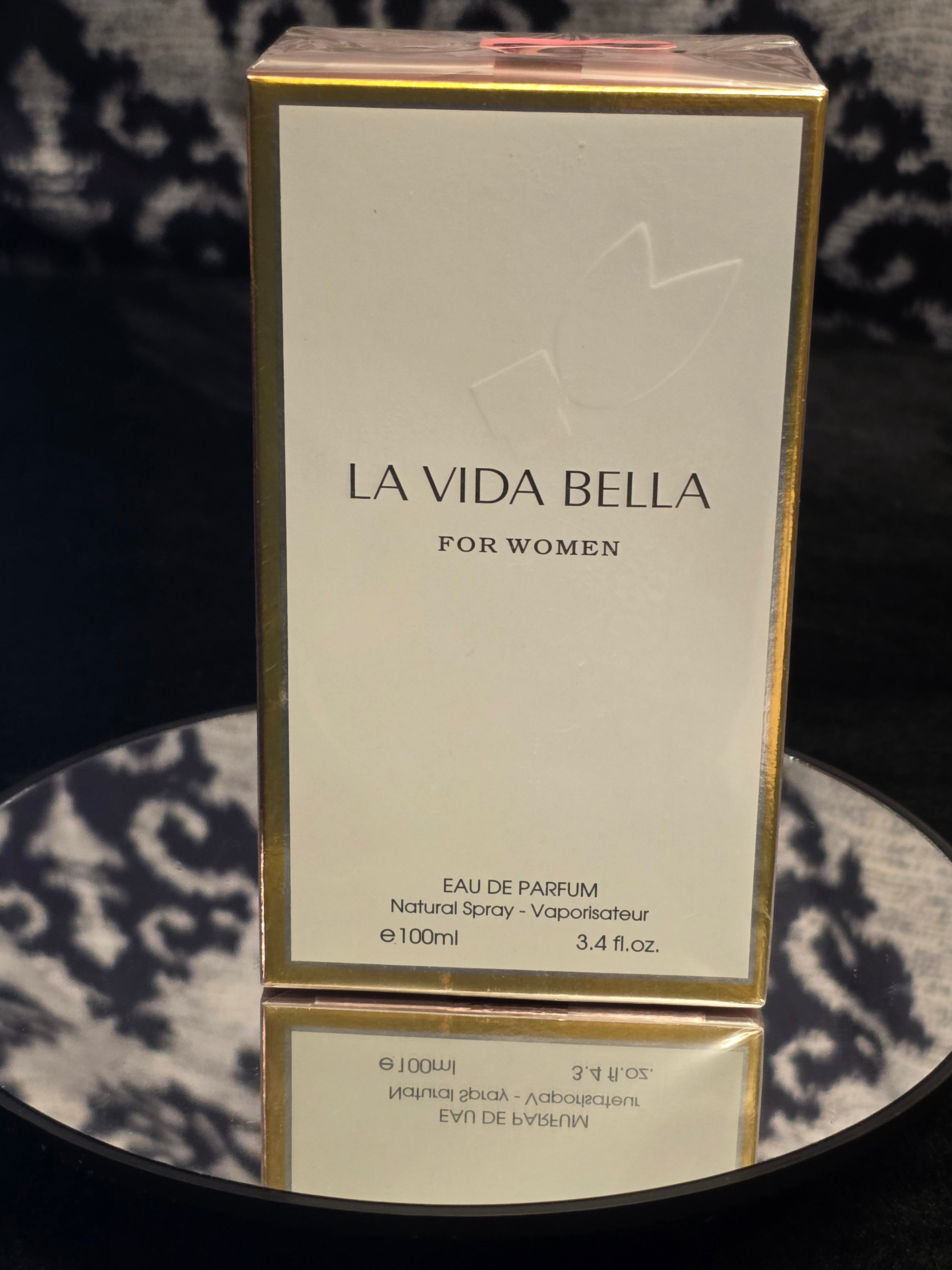 La Vida Bella For Women Eau de Parfum 100mL box - minimalist white and gold luxury packaging with clean serif typography
