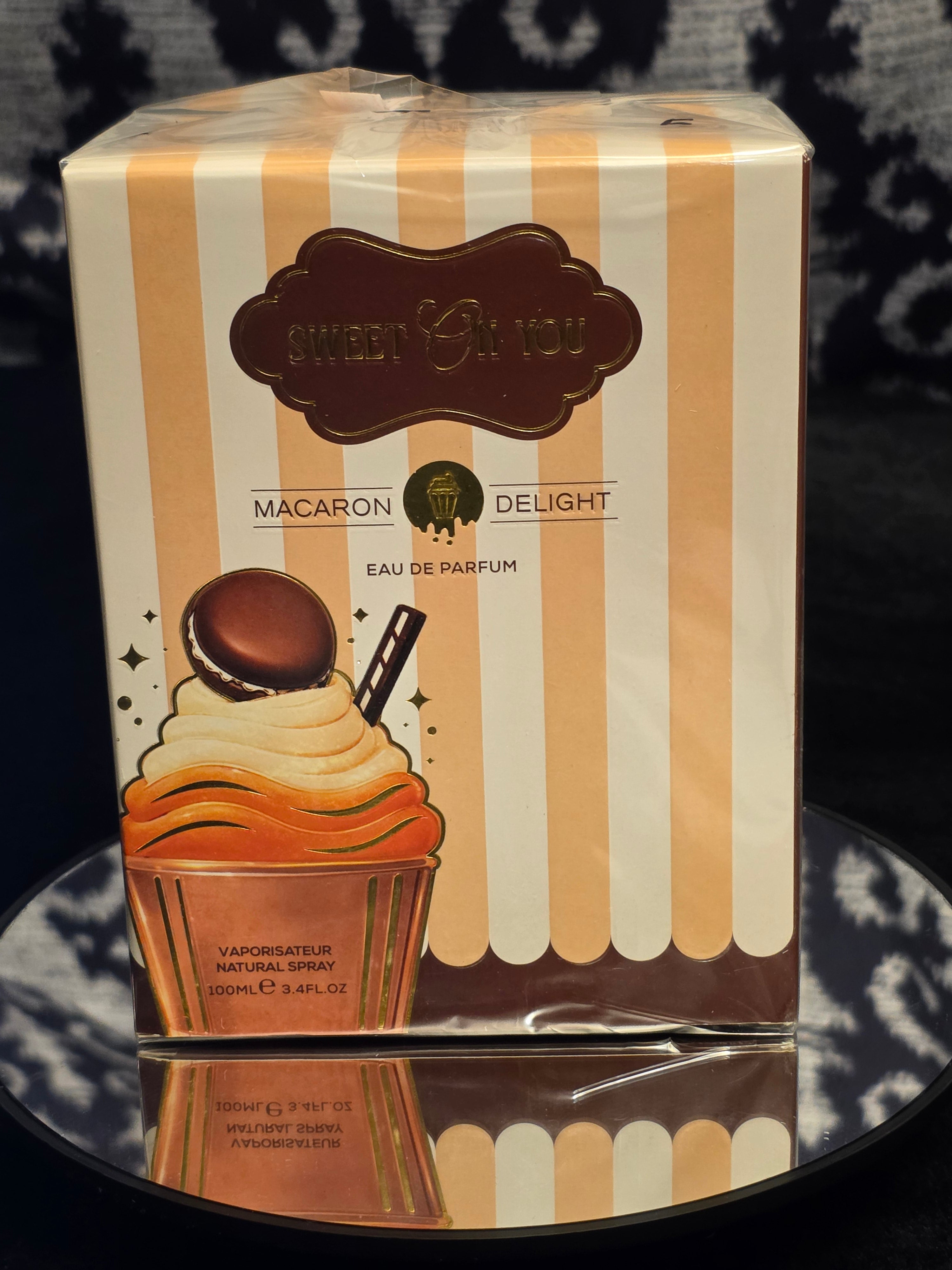 Sweet On You Macaron Delight Eau de Parfum 100mL box - caramel stripe packaging with cupcake and chocolate macaron artwork