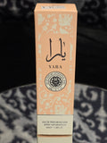 Yara Eau de Parfum 40mL box - soft blush peach packaging with Arabic calligraphy and delicate floral motif detailing